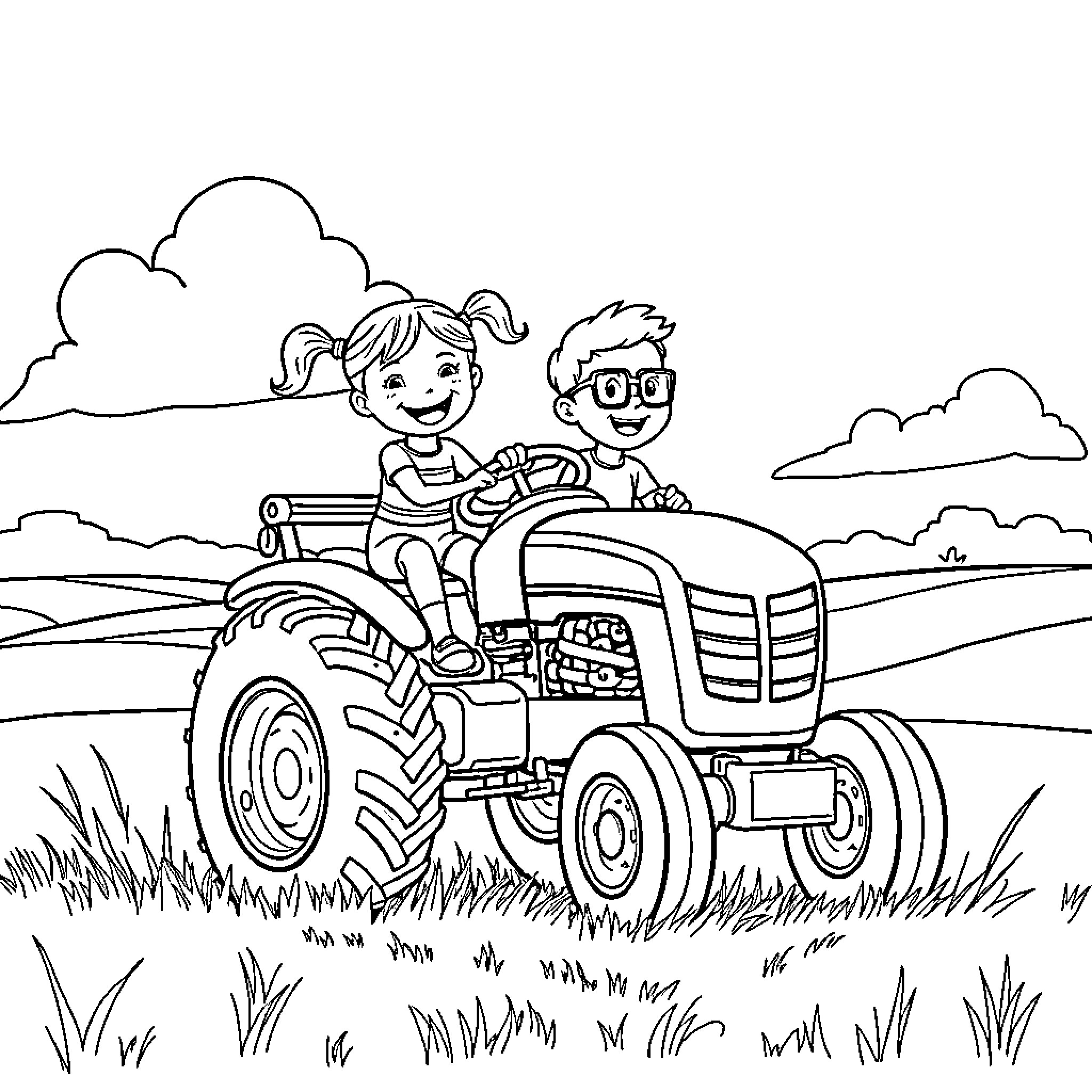 Tractor ride with children through the countryside Coloring Page (free black-and-white line drawing printable PDF for all, from beginners to advanced learners, including children, teens, adults, and seniors)