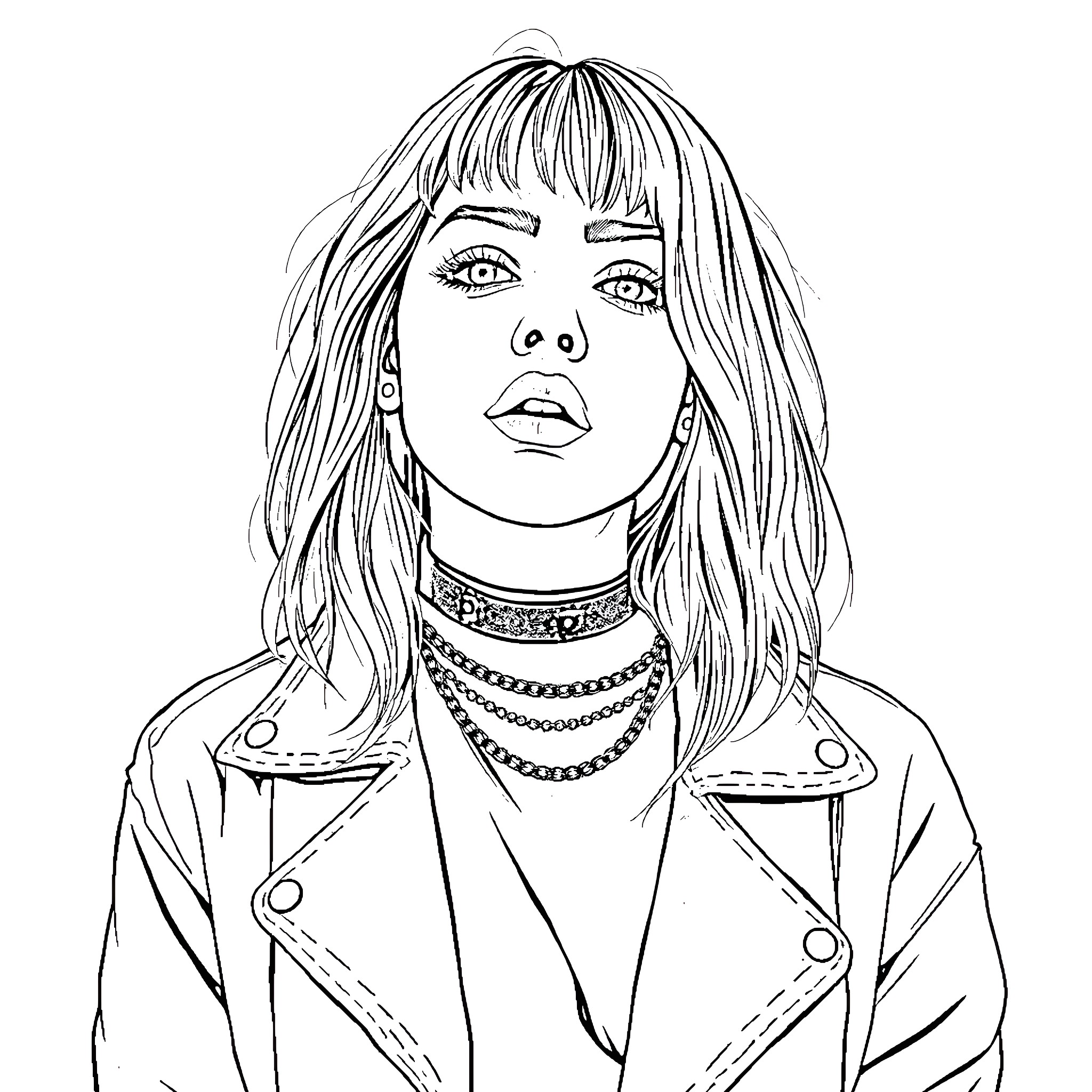 Billie Eilish in Thoughtful Expression Coloring Page (free black-and-white line drawing printable PDF for all, from beginners to advanced learners, including children, teens, adults, and seniors)