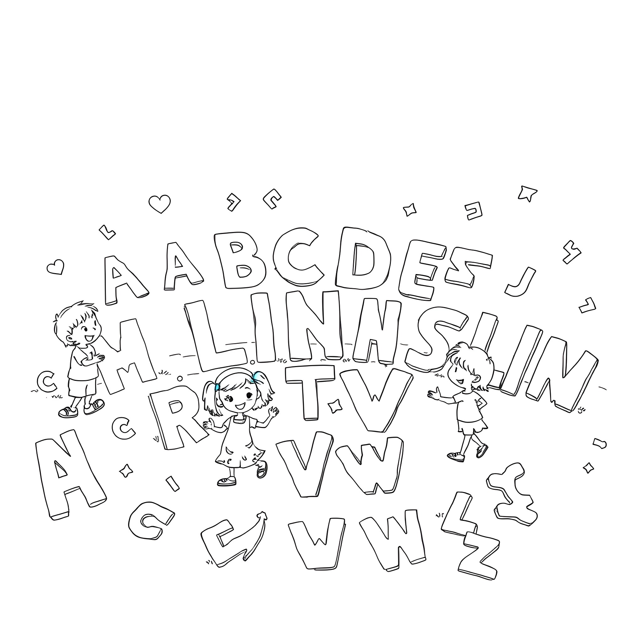 Alphabet Playful Children with Letters Coloring Page (free black-and-white line drawing printable PDF for all, from beginners to advanced learners, including children, teens, adults, and seniors)