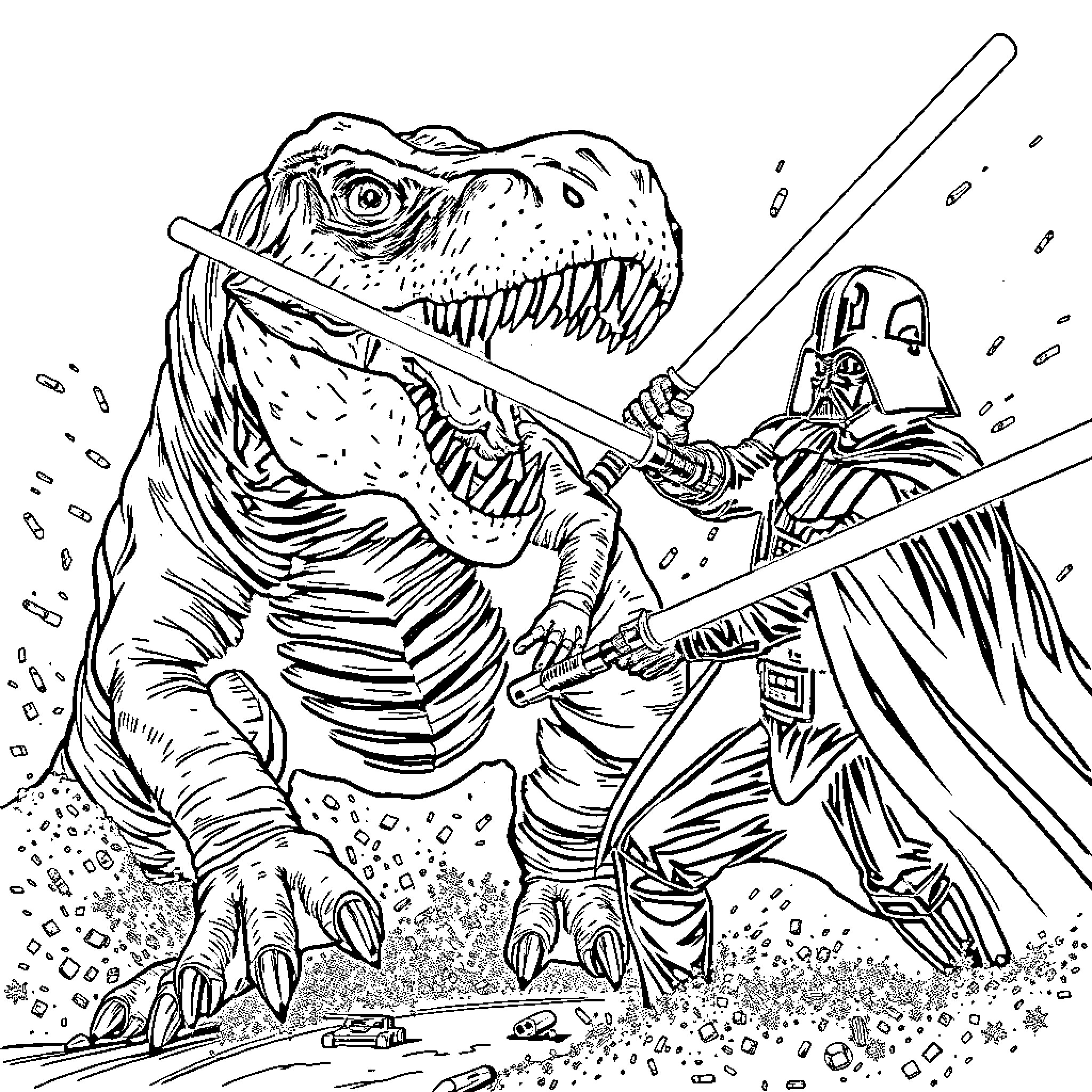 Trex fighting against Darth Vader with lightsabers Coloring Page (free black-and-white line drawing printable PDF for all, from beginners to advanced learners, including children, teens, adults, and seniors)