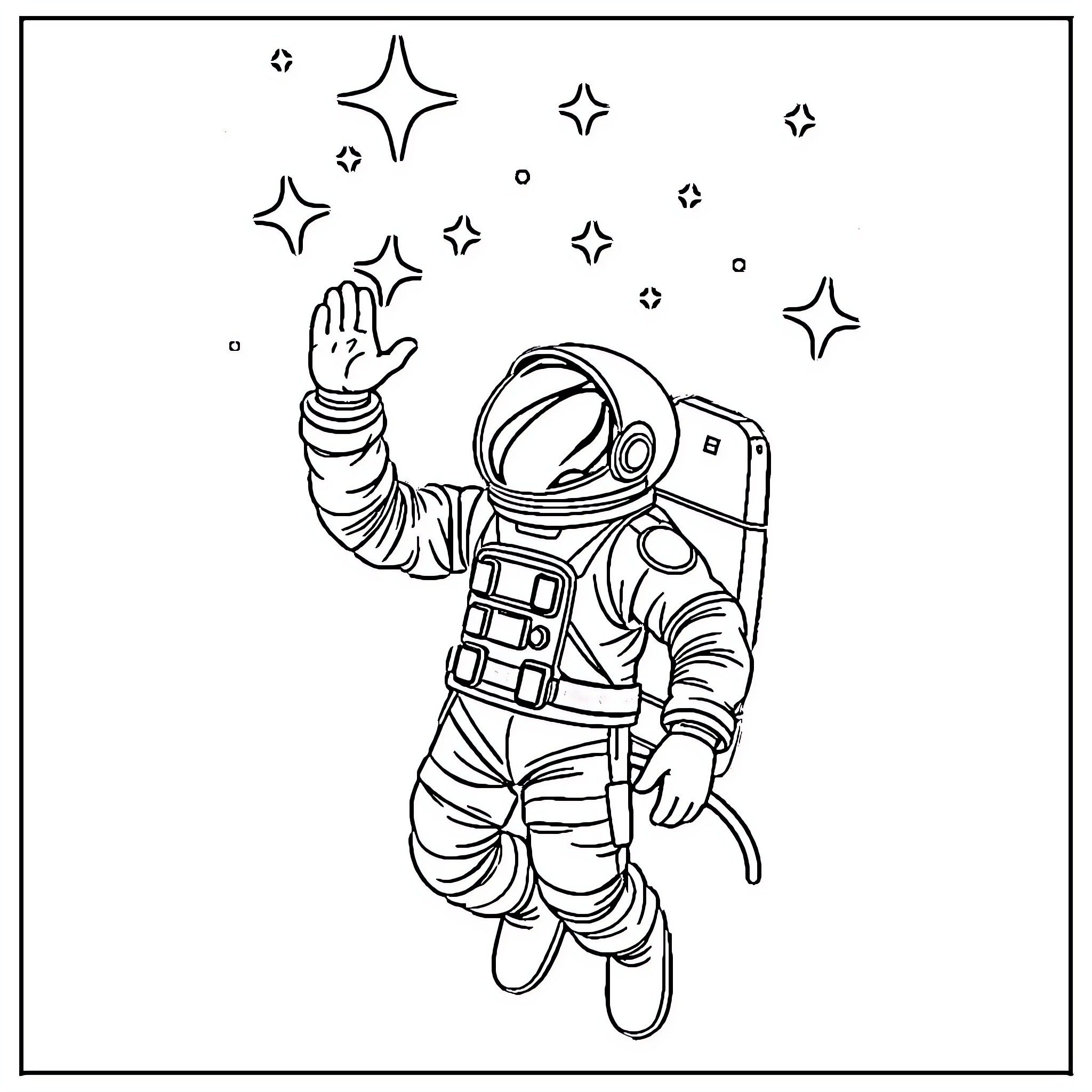 Astronaut waving among sparkling stars Coloring Page (free black-and-white line drawing printable PDF for all, from beginners to advanced learners, including children, teens, adults, and seniors)