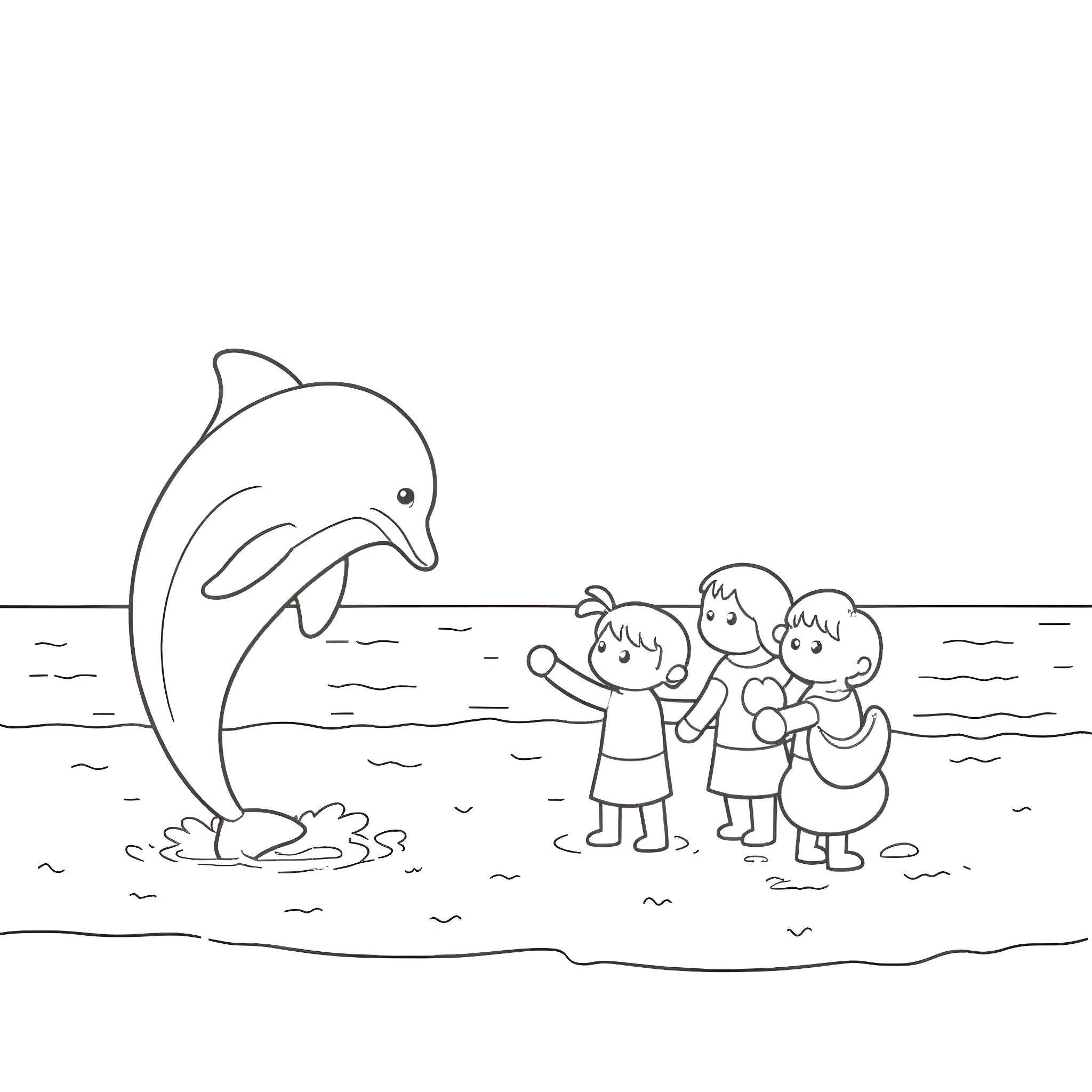 Dolphin interacting with children at the beach Coloring Page (free black-and-white line drawing printable PDF for all, from beginners to advanced learners, including children, teens, adults, and seniors)