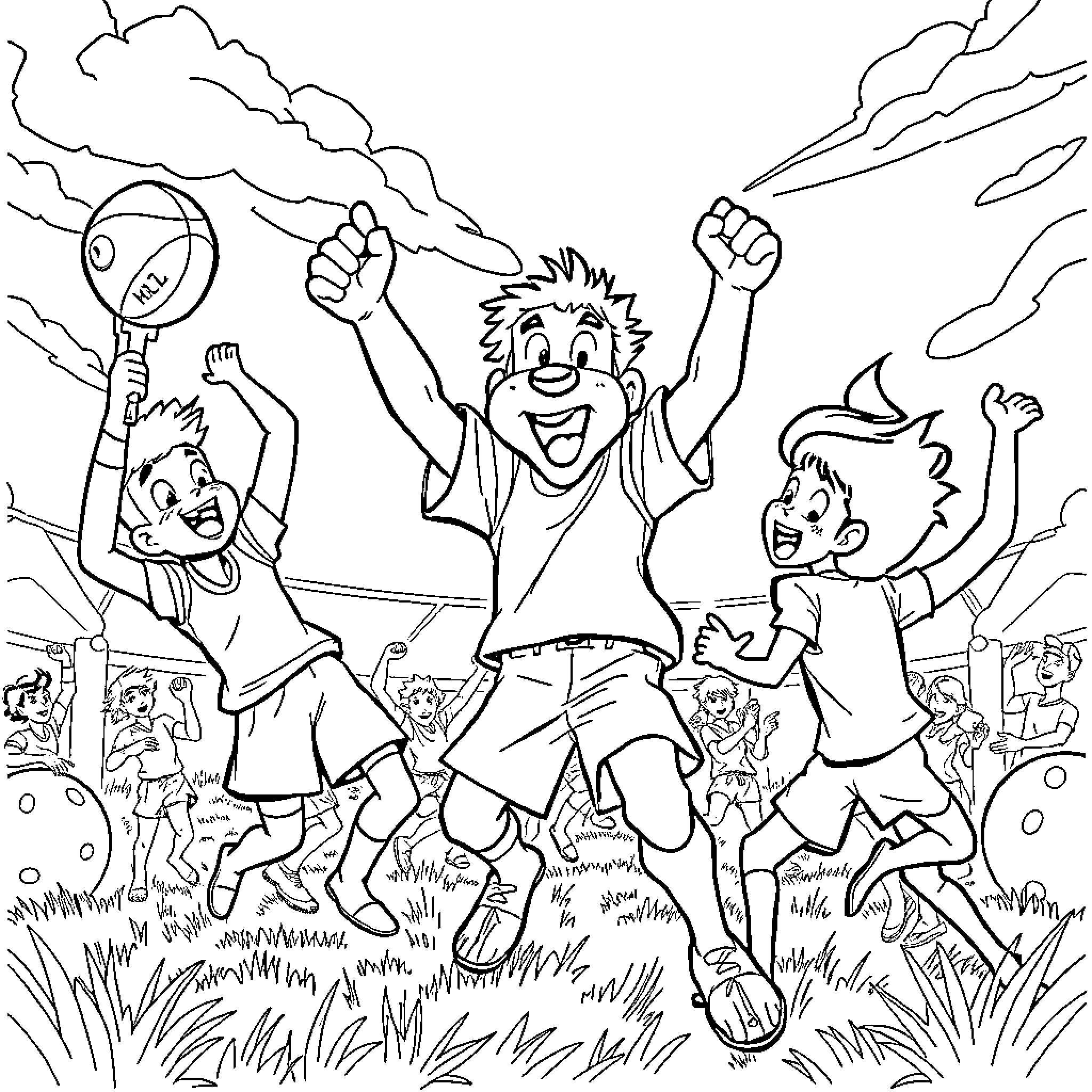 Huntrix's Victorious Celebration with Friends Coloring Page (free black-and-white line drawing printable PDF for all, from beginners to advanced learners, including children, teens, adults, and seniors)