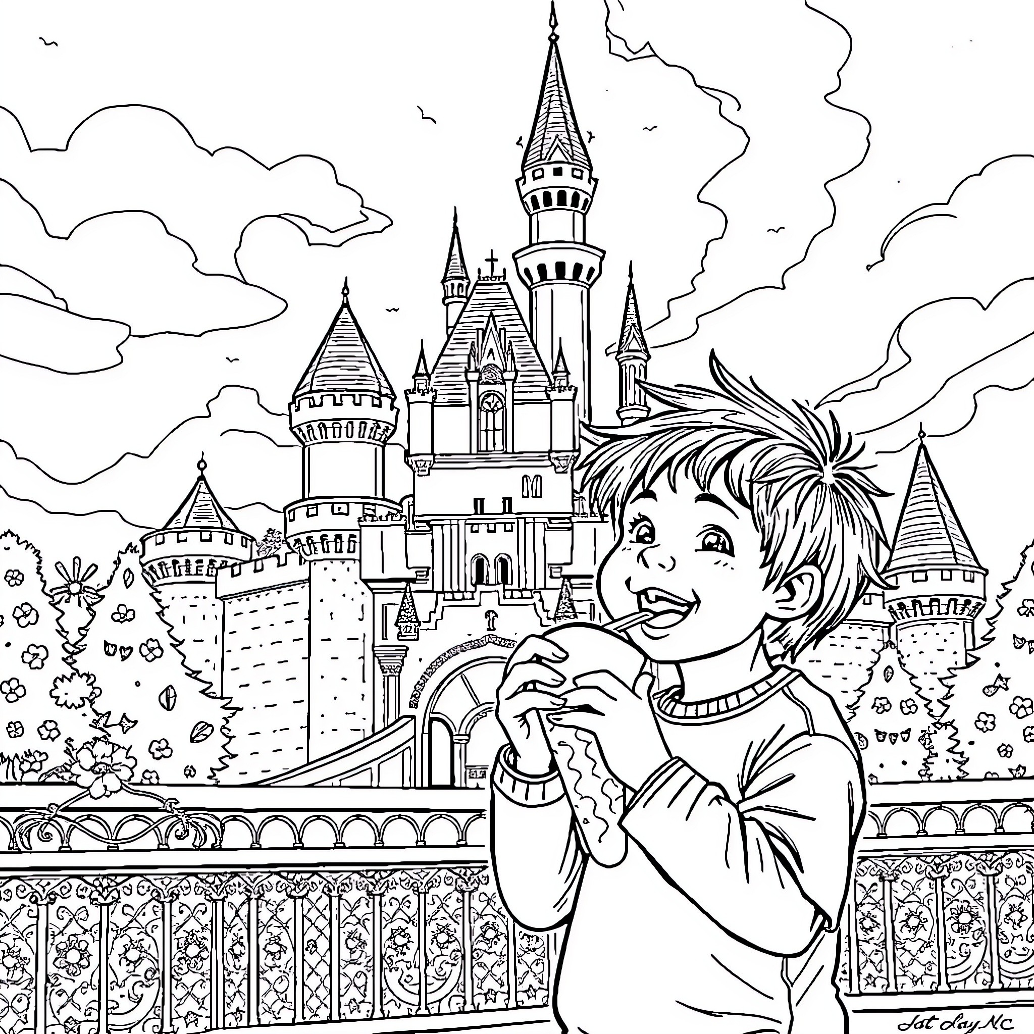 Child exploring the magical castle Coloring Page (free black-and-white line drawing printable PDF for all, from beginners to advanced learners, including children, teens, adults, and seniors)