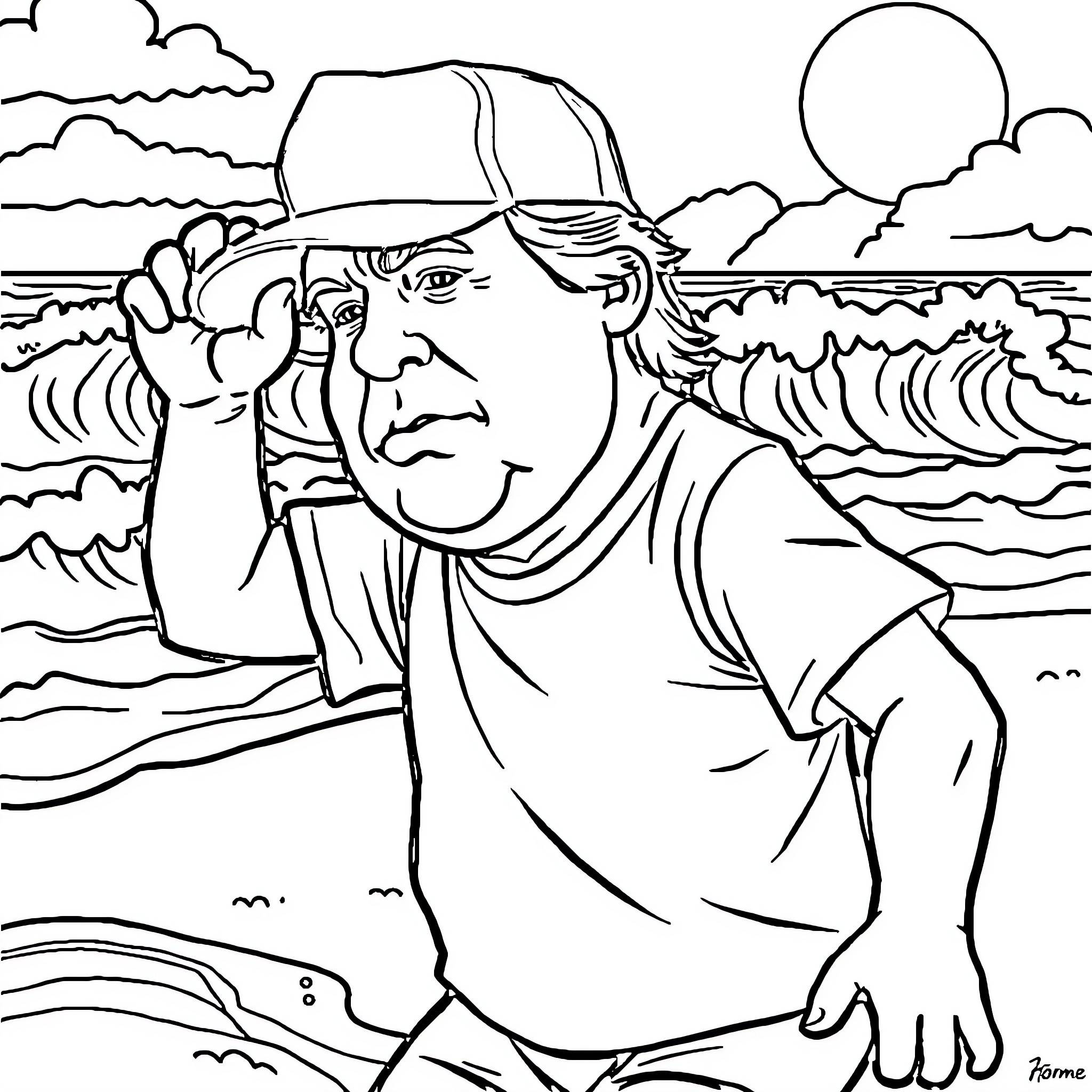 Trump Gesturing Amidst Stormy Coastal Landscape Coloring Page (free black-and-white line drawing printable PDF for all, from beginners to advanced learners, including children, teens, adults, and seniors)