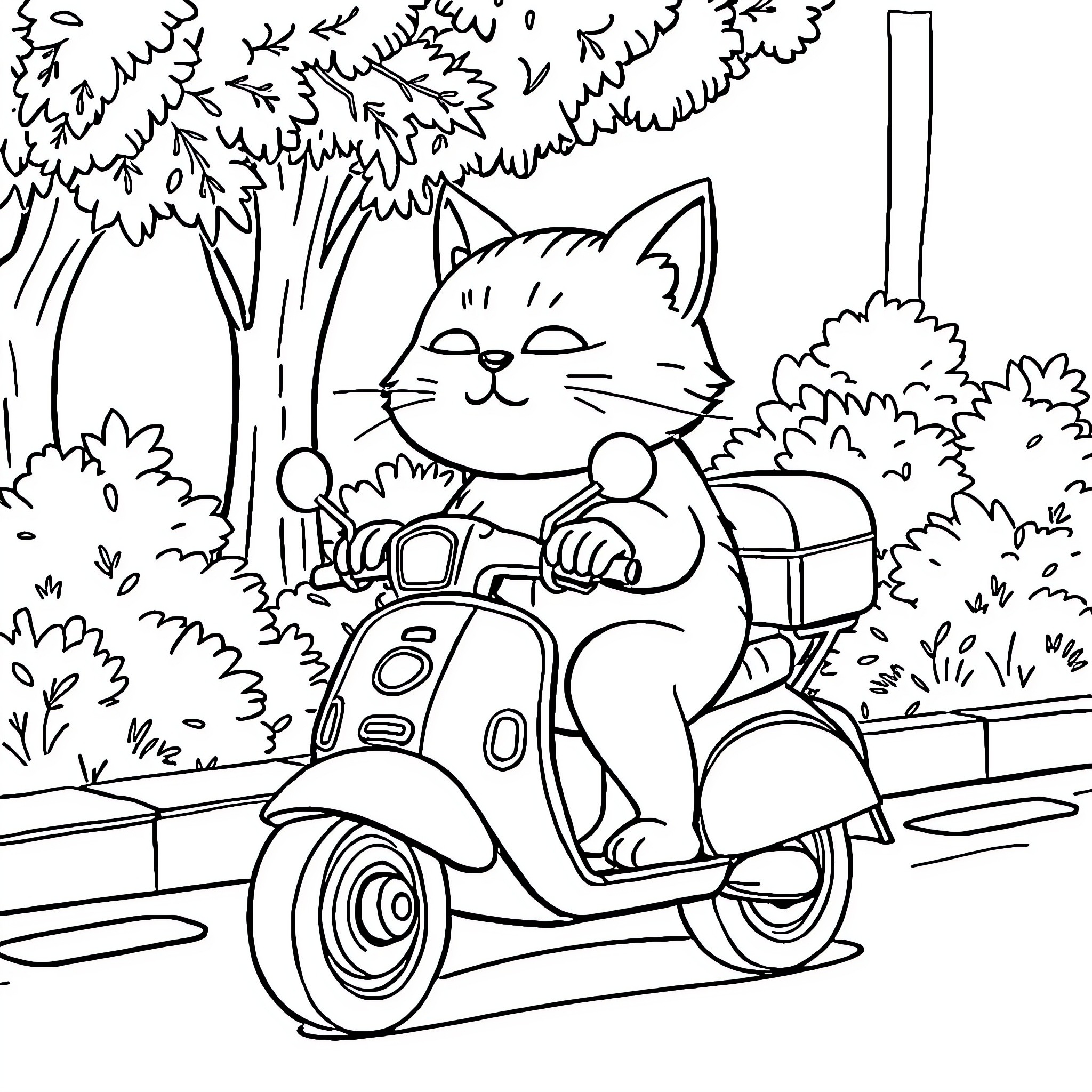 Cat riding on a scooter in the forest Coloring Page (free black-and-white line drawing printable PDF for all, from beginners to advanced learners, including children, teens, adults, and seniors)