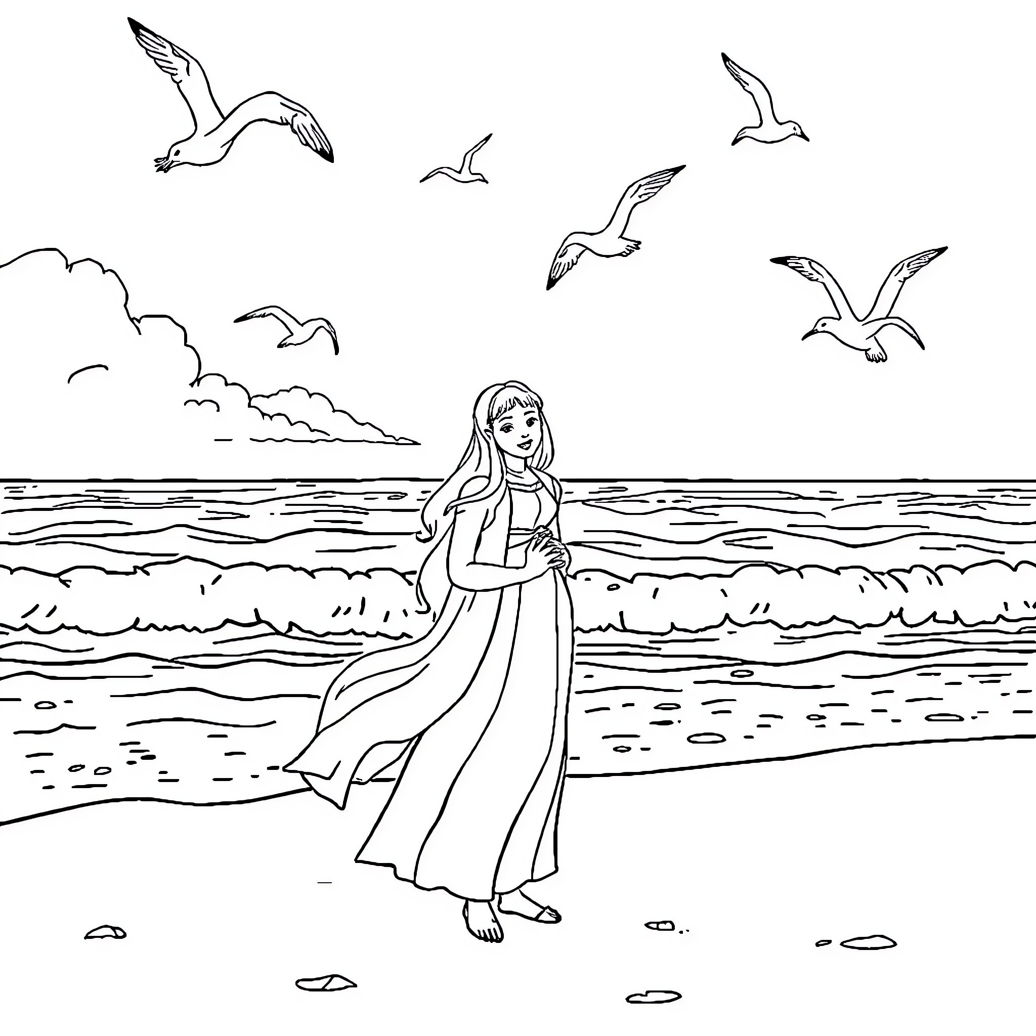 Sister walking on the beach near the ocean Coloring Page (free black-and-white line drawing printable PDF for all, from beginners to advanced learners, including children, teens, adults, and seniors)