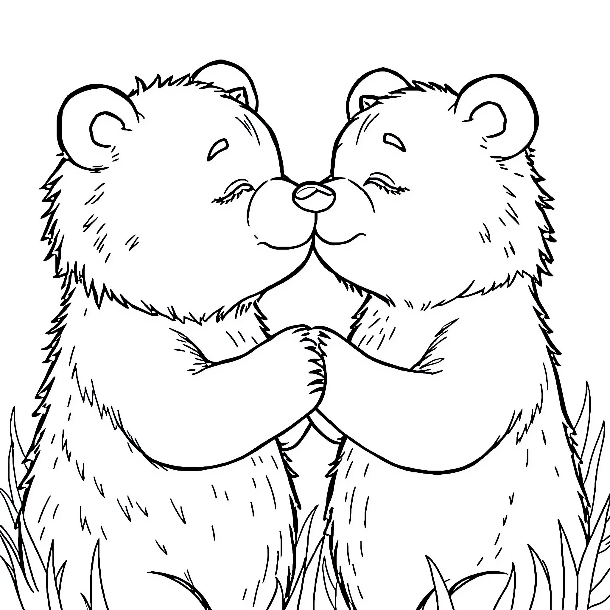 Bear friends cuddling in the wild Coloring Page (free black-and-white line drawing printable PDF for all, from beginners to advanced learners, including children, teens, adults, and seniors)