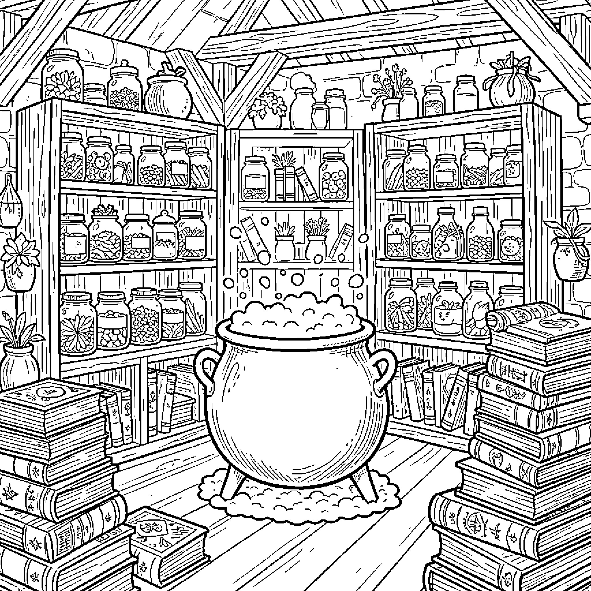 Witch brewing a potion in a room full of jars Coloring Page (free black-and-white line drawing printable PDF for all, from beginners to advanced learners, including children, teens, adults, and seniors)