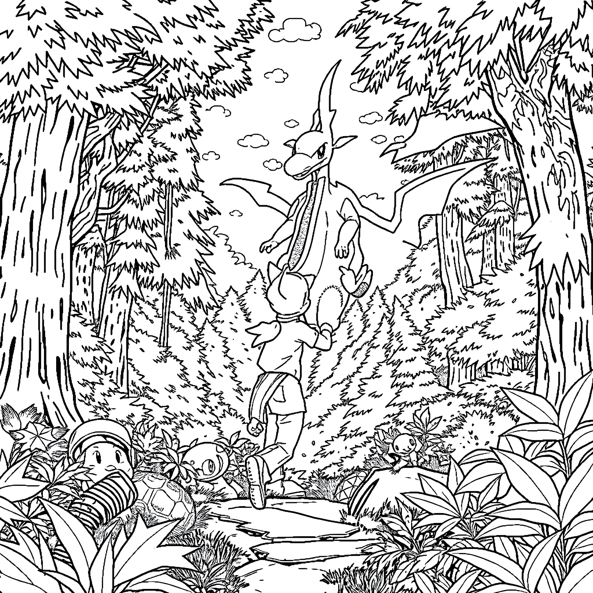 Ash Ketchum's adventure in the lush forest Coloring Page (free black-and-white line drawing printable PDF for all, from beginners to advanced learners, including children, teens, adults, and seniors)
