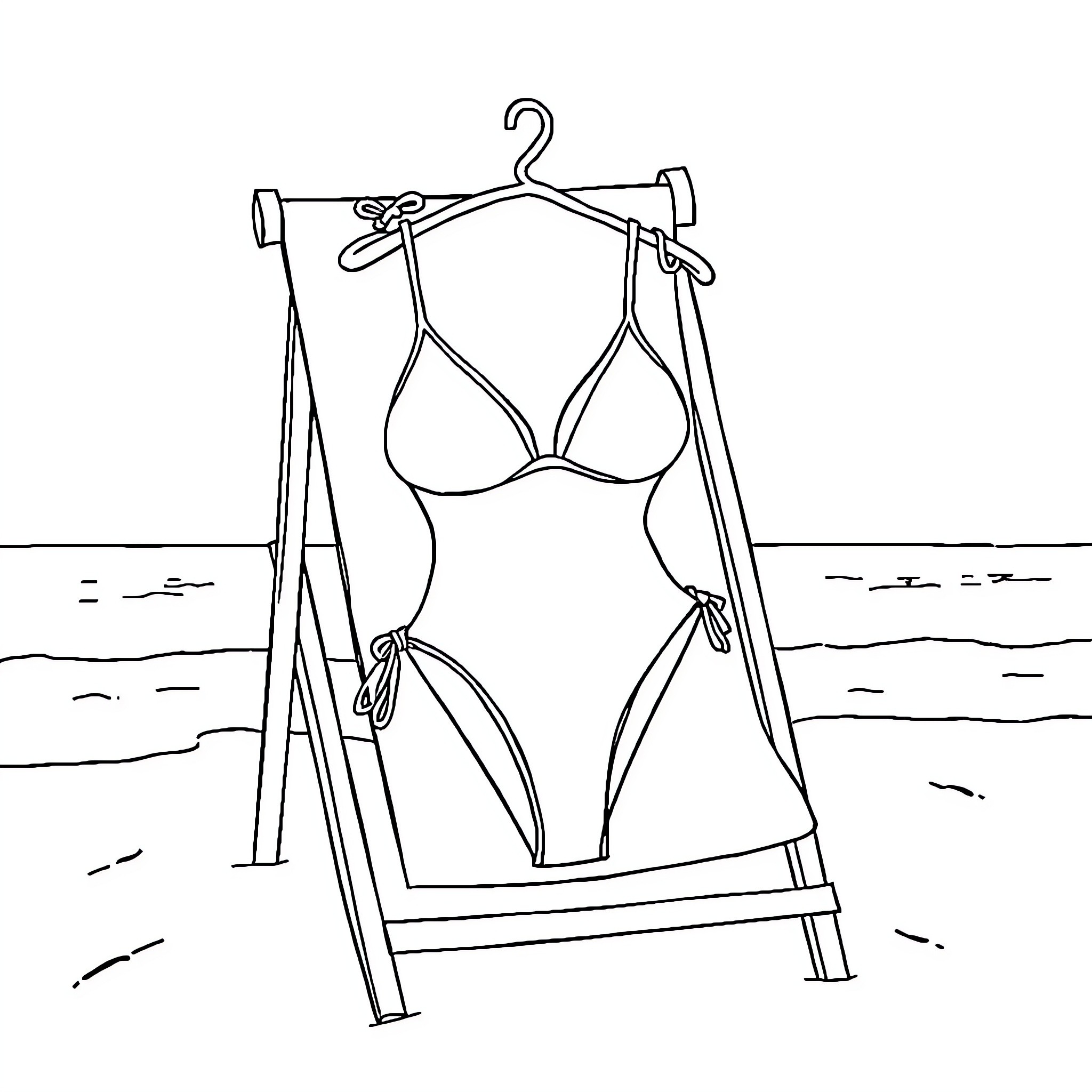 Bikini on display at the beach Coloring Page (free black-and-white line drawing printable PDF for all, from beginners to advanced learners, including children, teens, adults, and seniors)