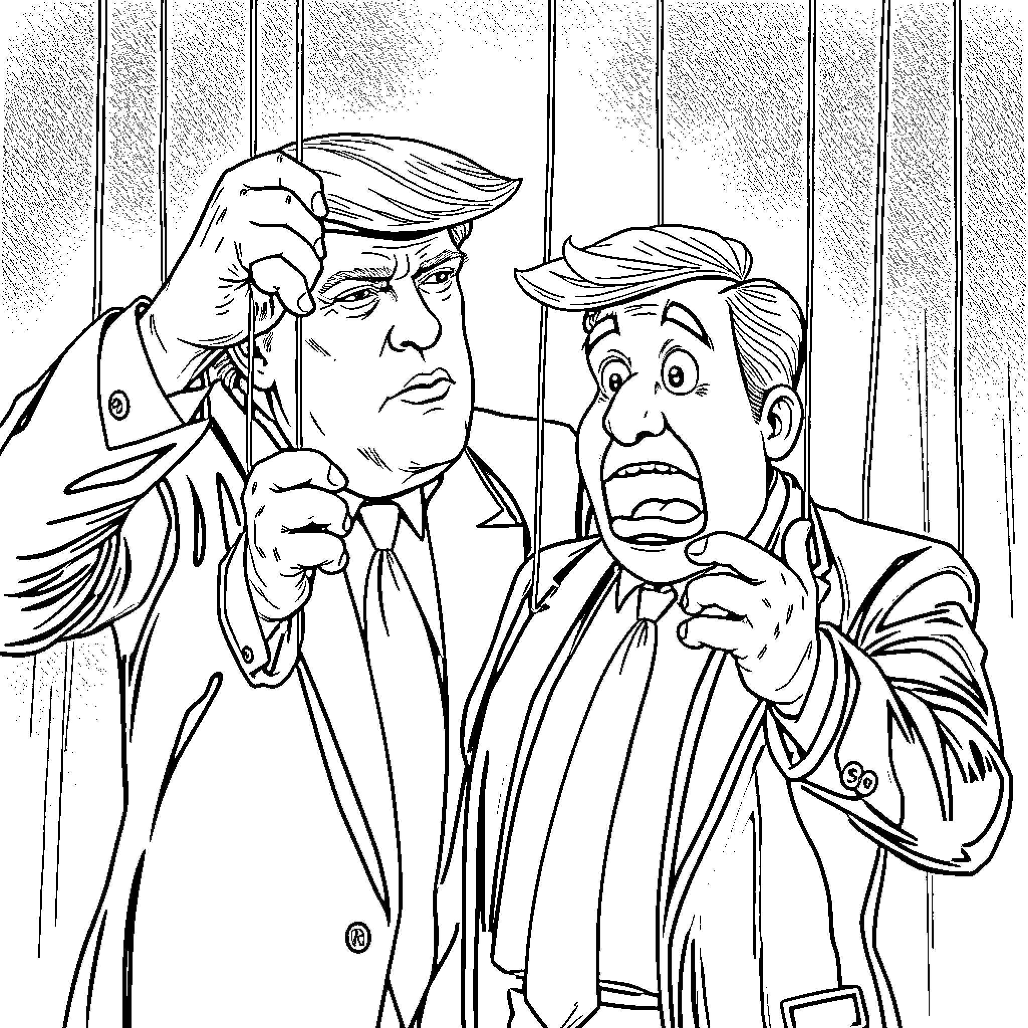 Donald Trump Arguing Intensely with another Man Coloring Page (free black-and-white line drawing printable PDF for all, from beginners to advanced learners, including children, teens, adults, and seniors)