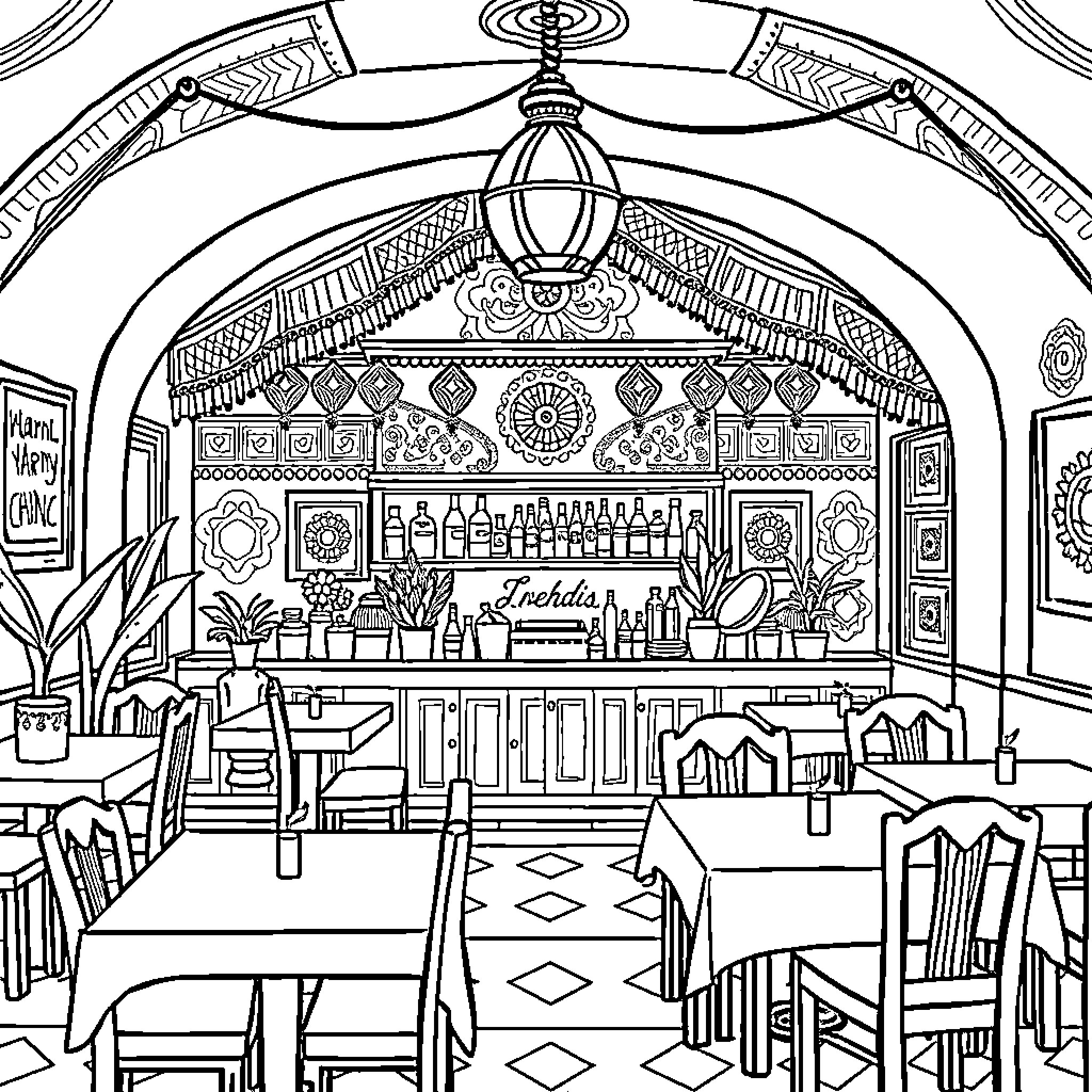 Ethiopian Colorful Traditional Cafe Interior Coloring Page (free black-and-white line drawing printable PDF for all, from beginners to advanced learners, including children, teens, adults, and seniors)