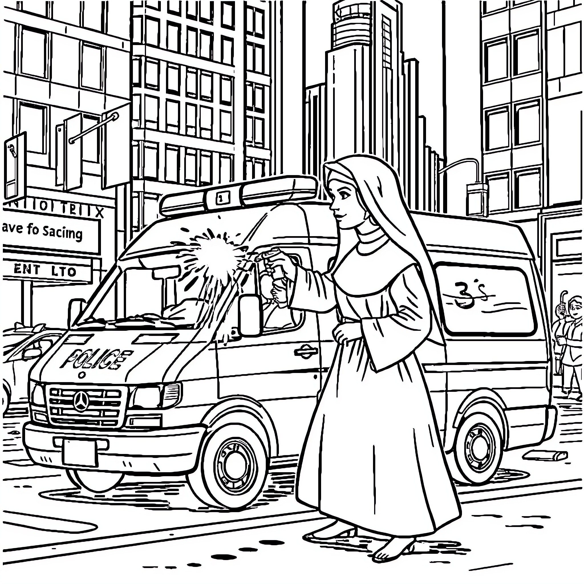 Nun assisting injured person in urban setting Coloring Page (free black-and-white line drawing printable PDF for all, from beginners to advanced learners, including children, teens, adults, and seniors)