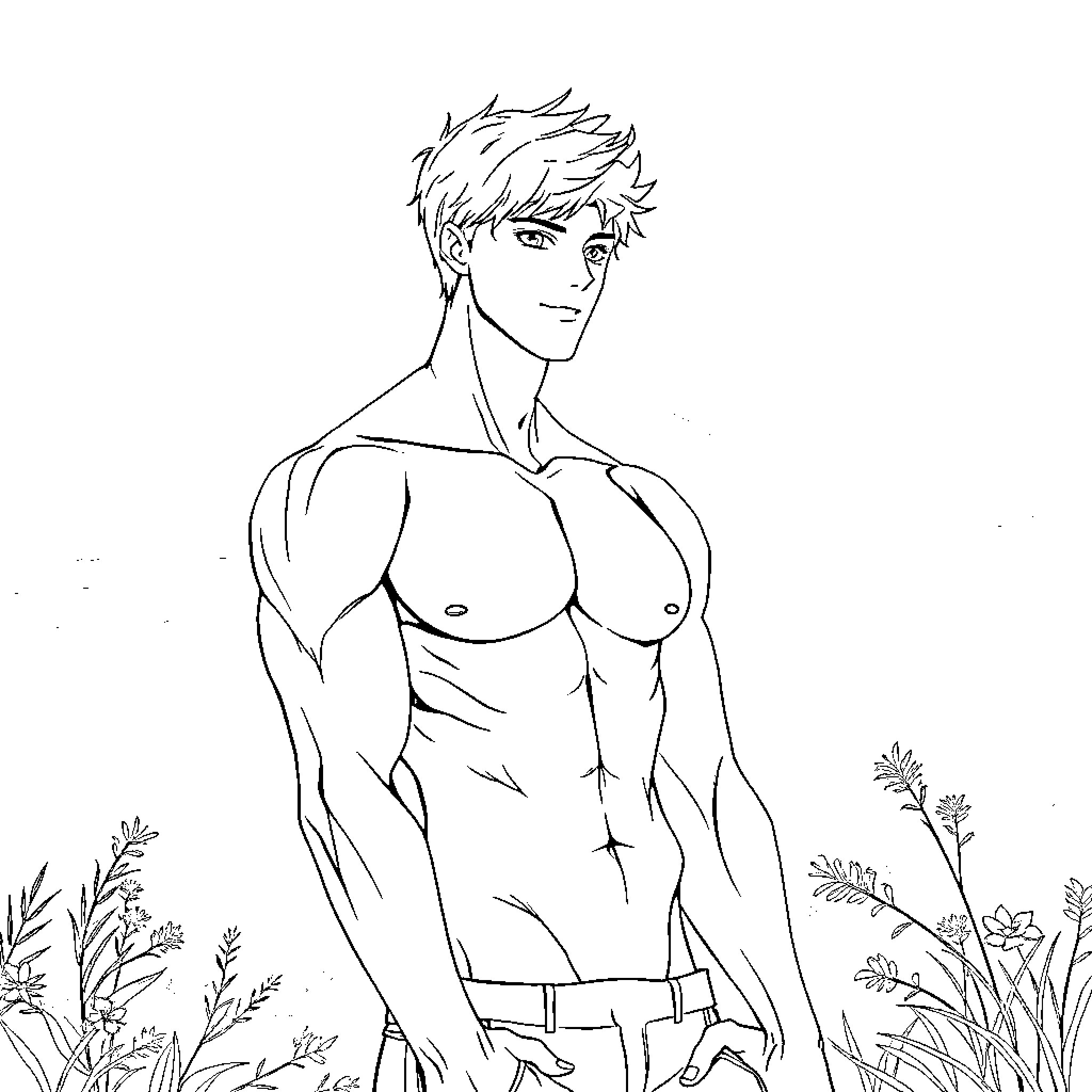 Anime Boy standing confidently in nature Coloring Page (free black-and-white line drawing printable PDF for all, from beginners to advanced learners, including children, teens, adults, and seniors)