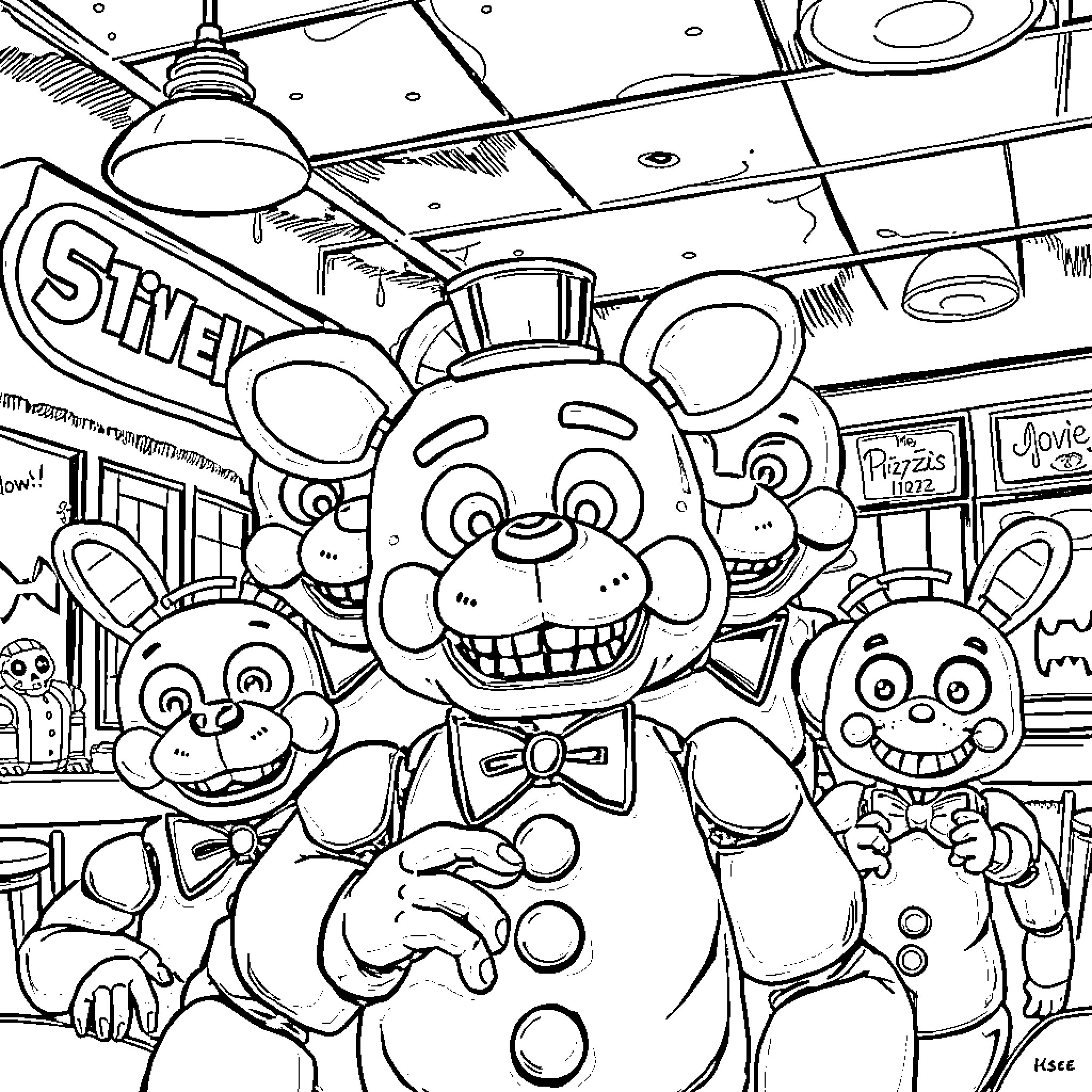 Freddy's Exciting Escapades in a Whimsical Wonderland Coloring Page (free black-and-white line drawing printable PDF for all, from beginners to advanced learners, including children, teens, adults, and seniors)