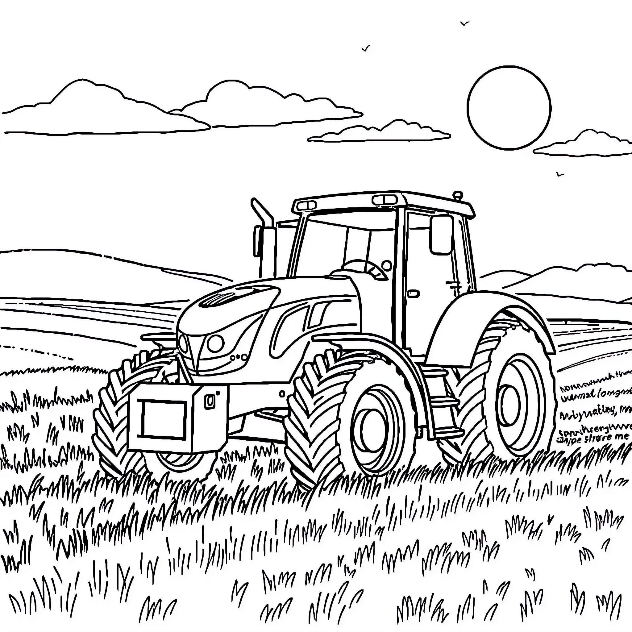 Tractor working in the countryside landscape Coloring Page (free black-and-white line drawing printable PDF for all, from beginners to advanced learners, including children, teens, adults, and seniors)