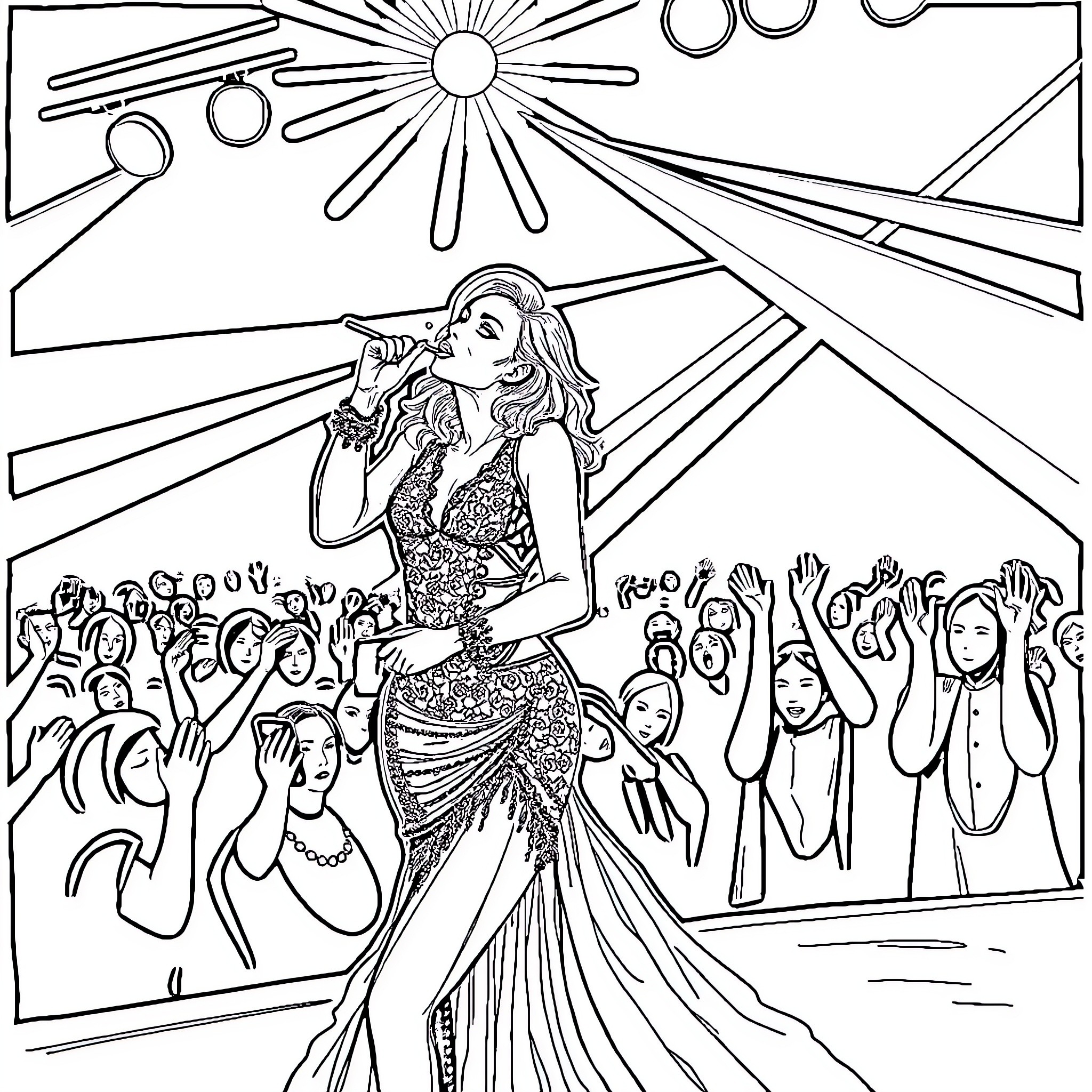 Simone Simons performing on stage with adoring crowd Coloring Page (free black-and-white line drawing printable PDF for all, from beginners to advanced learners, including children, teens, adults, and seniors)