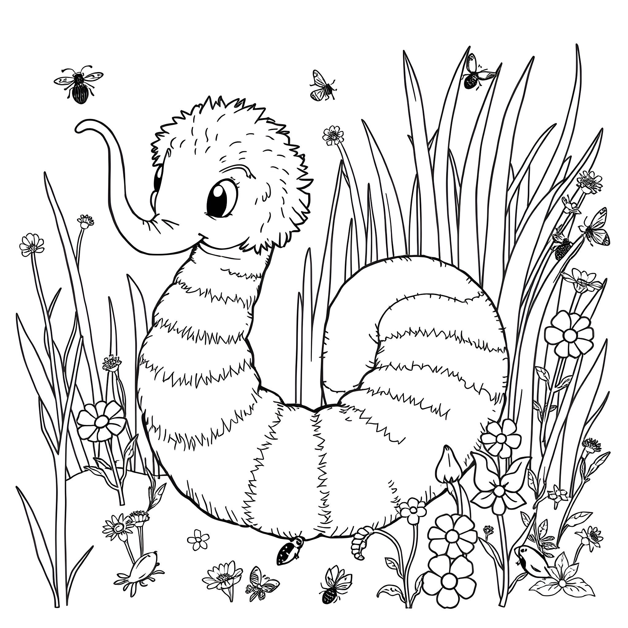 Worm exploring the nature landscape with flowers and bugs Coloring Page (free black-and-white line drawing printable PDF for all, from beginners to advanced learners, including children, teens, adults, and seniors)