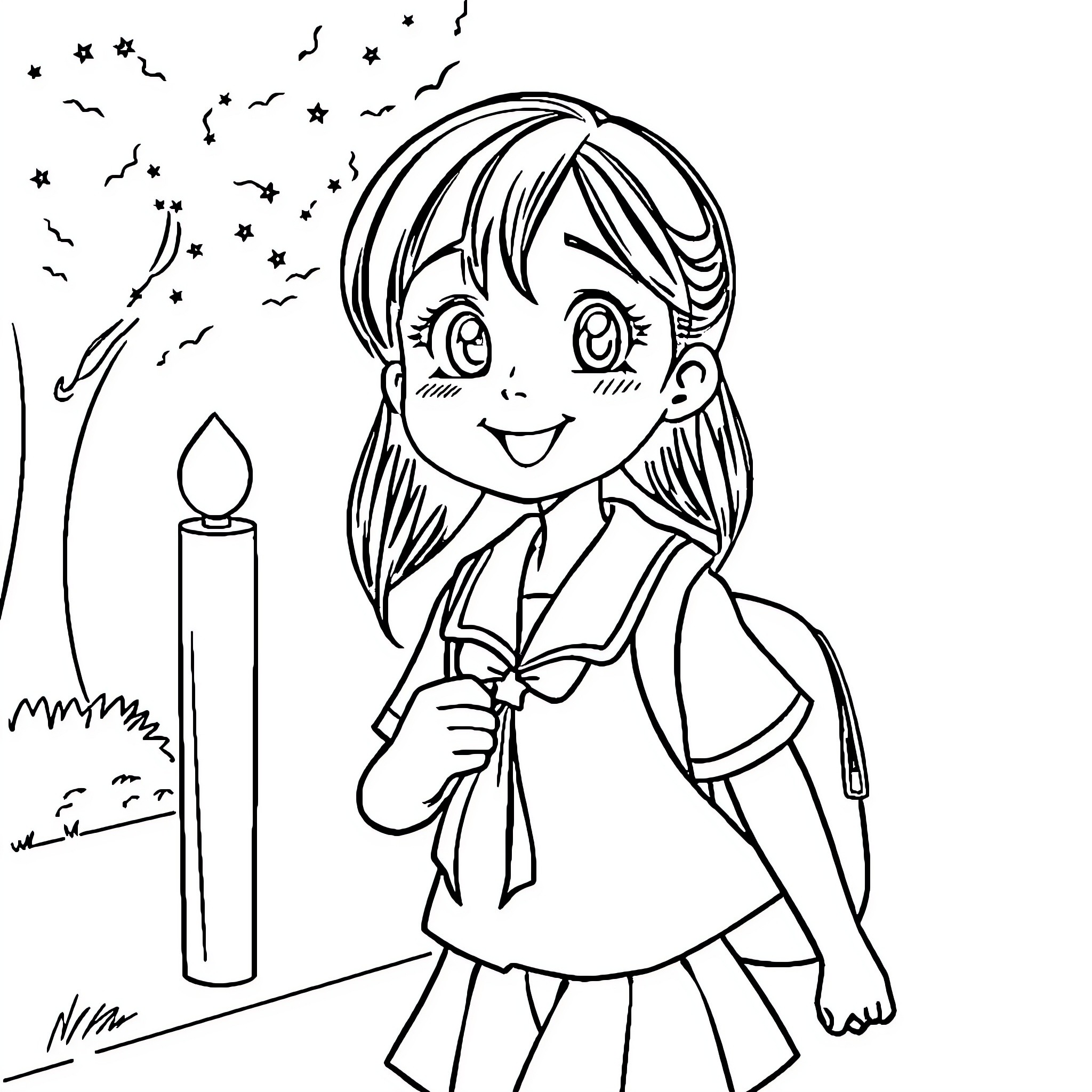 School Girl Happily Holding Candle with Stars Coloring Page (free black-and-white line drawing printable PDF for all, from beginners to advanced learners, including children, teens, adults, and seniors)