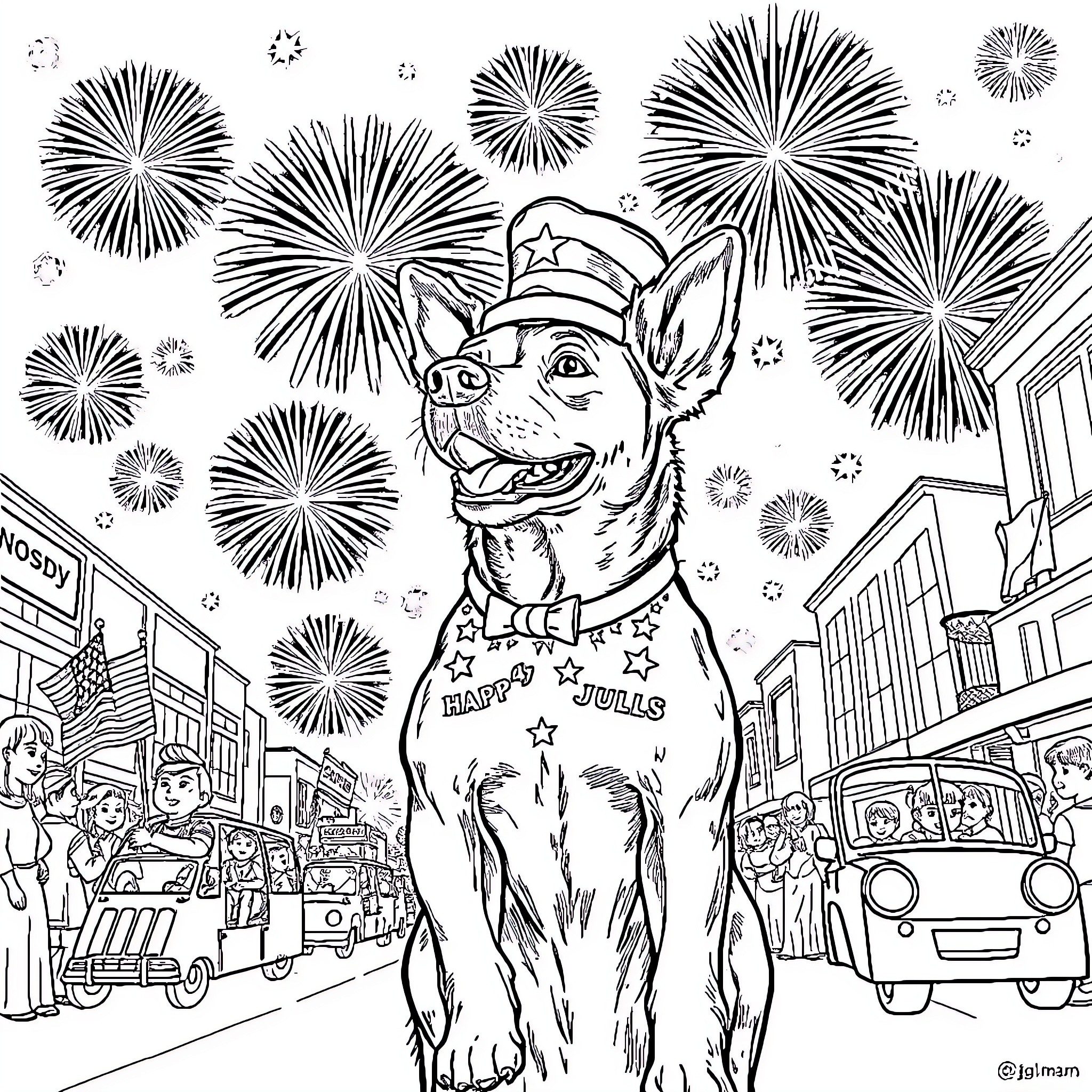 Dogman Celebrates Festive Fireworks Display in the City Coloring Page (free black-and-white line drawing printable PDF for all, from beginners to advanced learners, including children, teens, adults, and seniors)