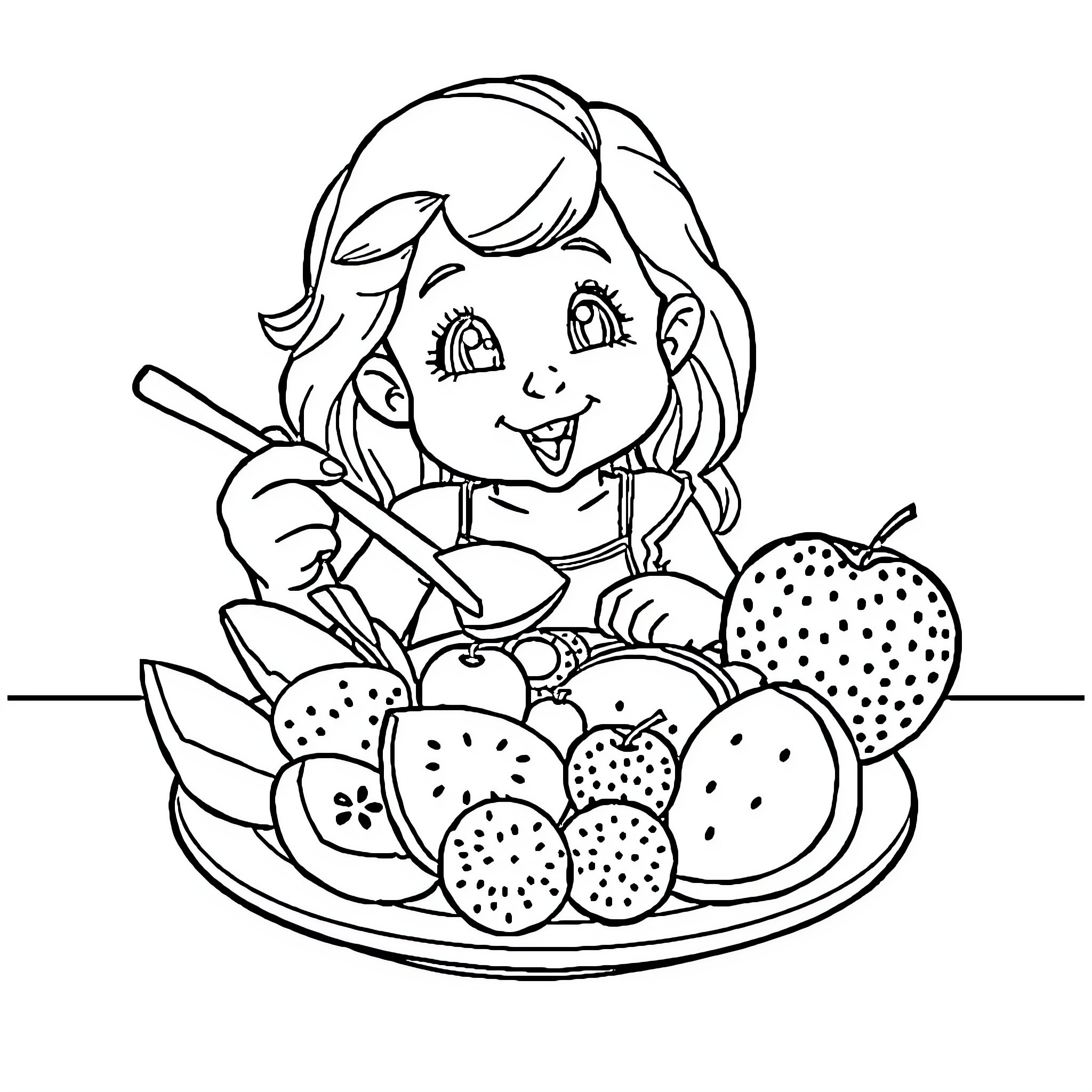 Elza enjoying a healthy fruit platter Coloring Page (free black-and-white line drawing printable PDF for all, from beginners to advanced learners, including children, teens, adults, and seniors)