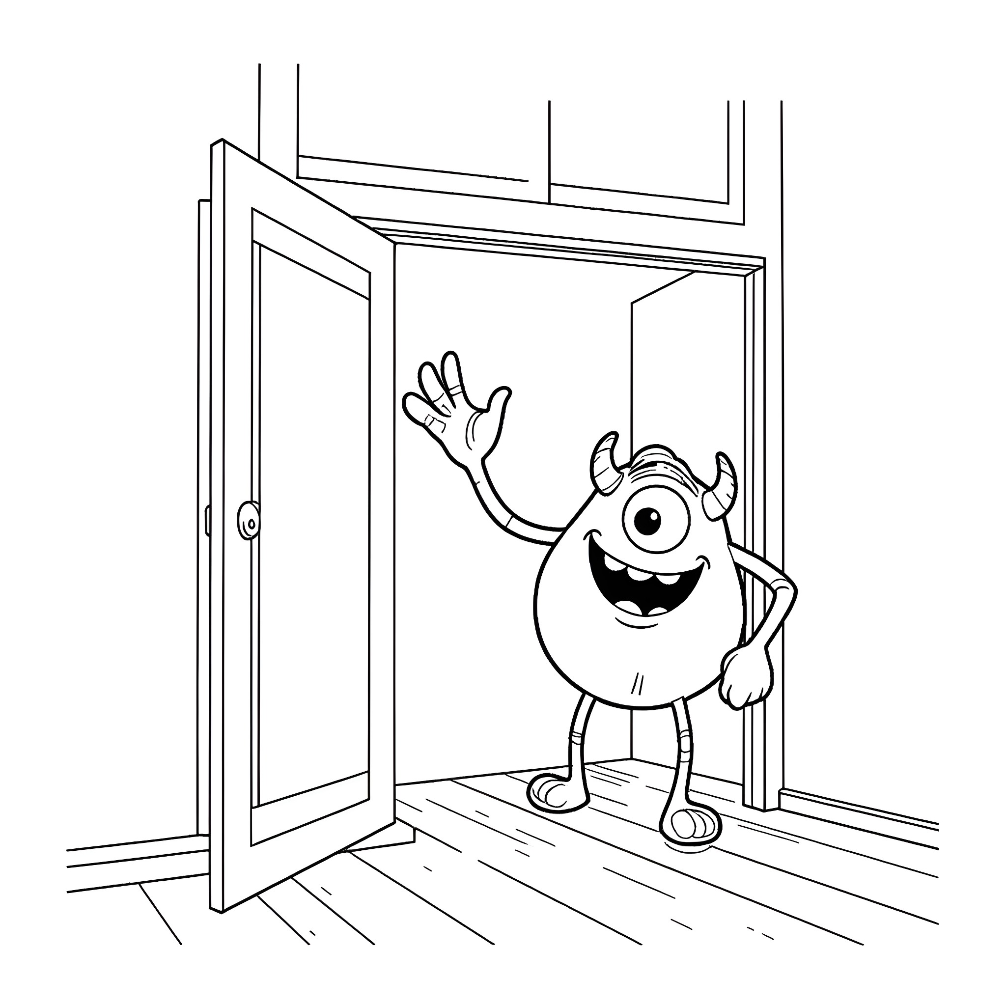 Mike And Sully Waving From The Doorway Coloring Page (free black-and-white line drawing printable PDF for all, from beginners to advanced learners, including children, teens, adults, and seniors)