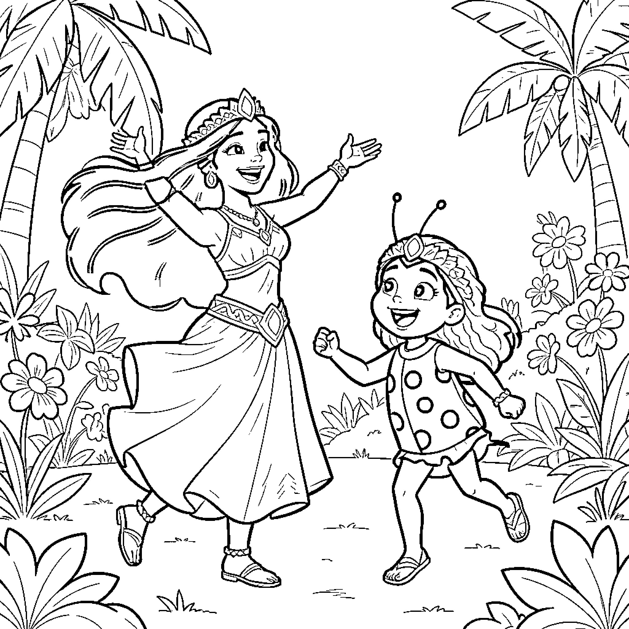 Vaiana dancing joyfully with a young girl in nature Coloring Page (free black-and-white line drawing printable PDF for all, from beginners to advanced learners, including children, teens, adults, and seniors)
