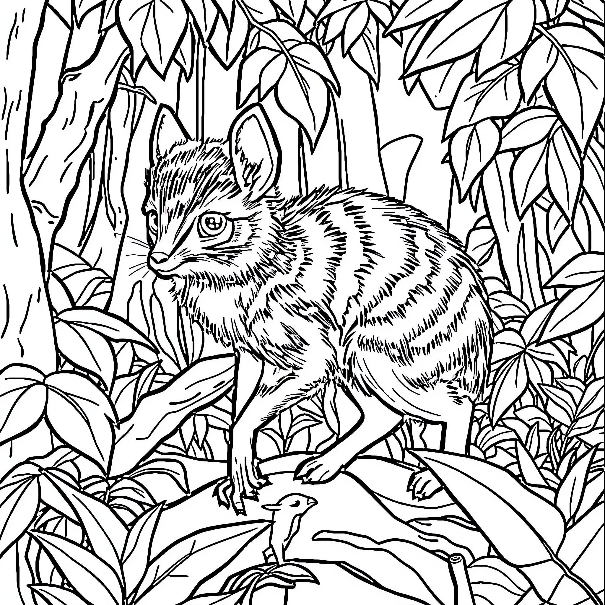 Kancil exploring the lush forest foliage Coloring Page (free black-and-white line drawing printable PDF for all, from beginners to advanced learners, including children, teens, adults, and seniors)