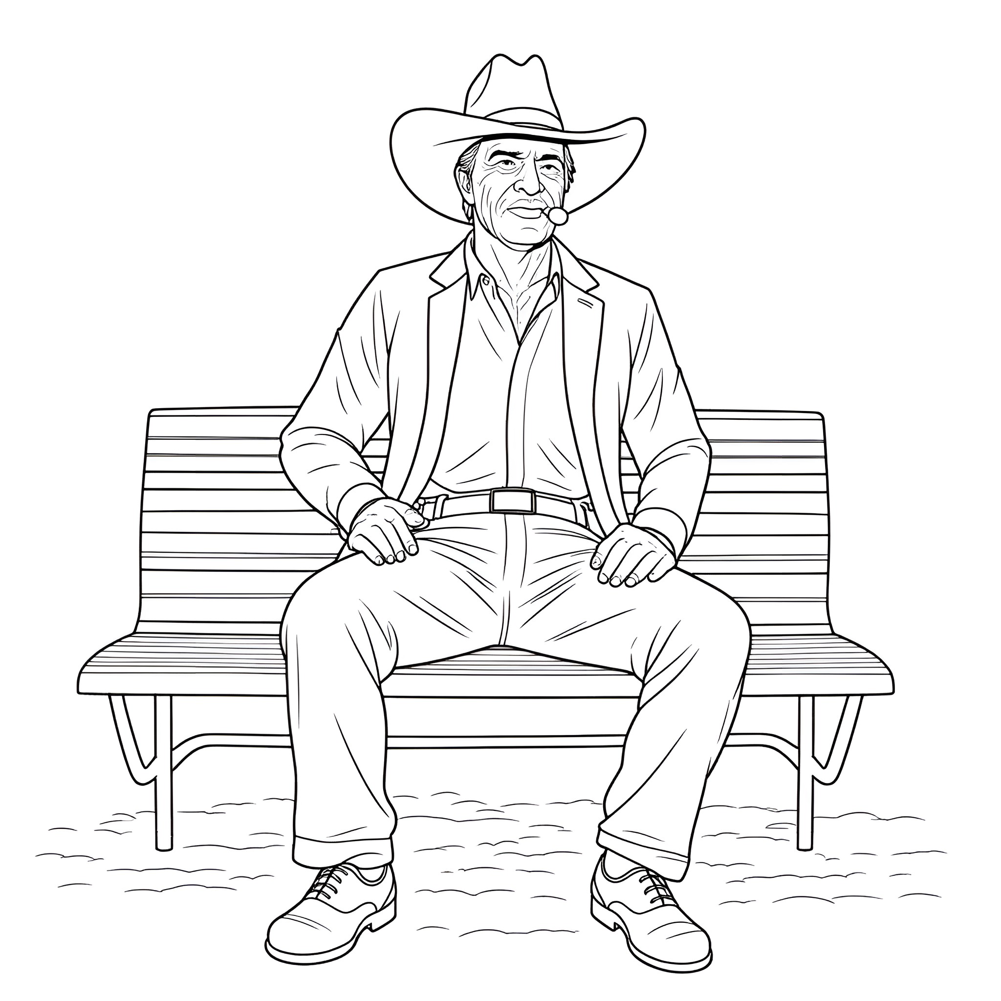John Wayne sitting on a bench in western attire Coloring Page (free black-and-white line drawing printable PDF for all, from beginners to advanced learners, including children, teens, adults, and seniors)