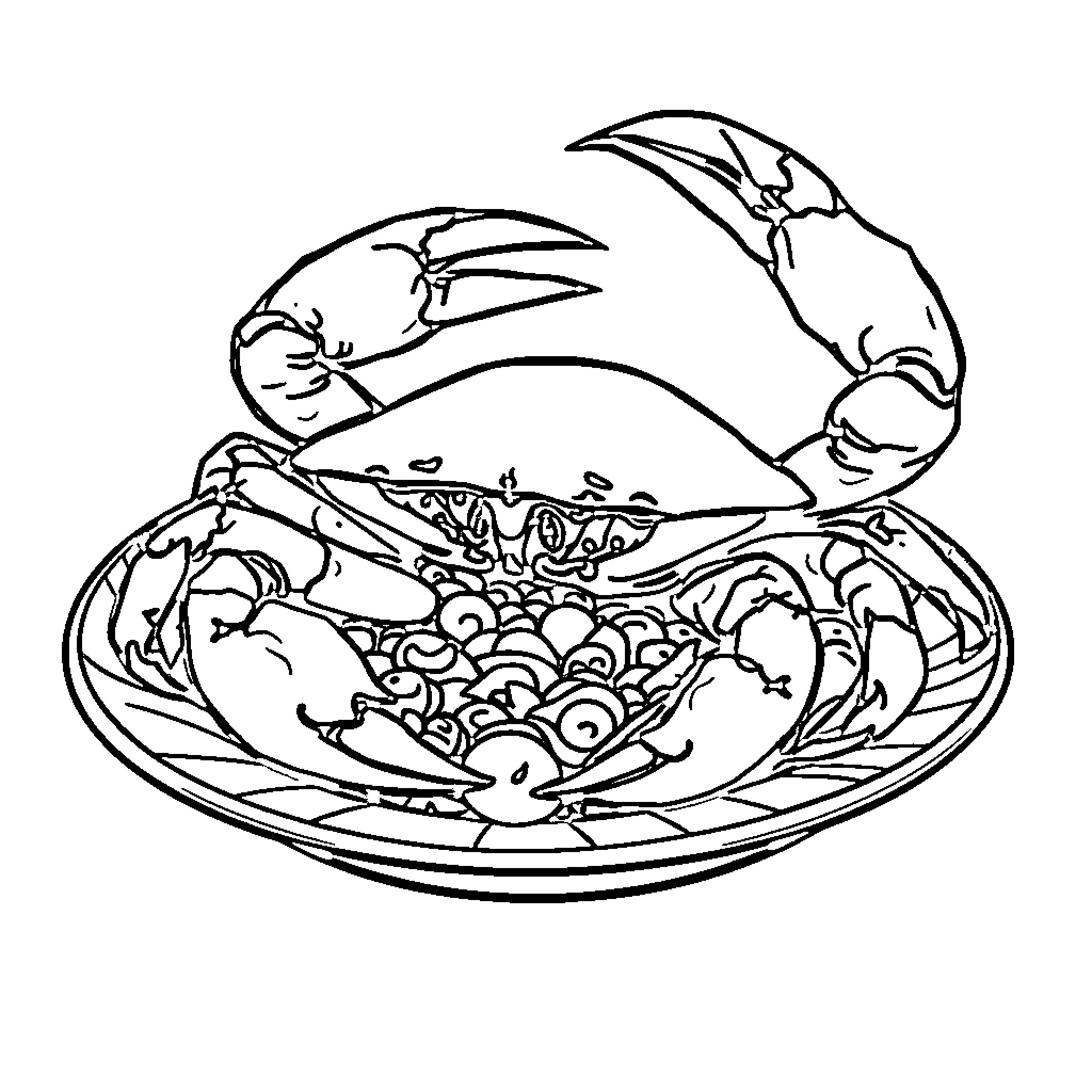 Crab preparing a seafood dish Coloring Page (free black-and-white line drawing printable PDF for all, from beginners to advanced learners, including children, teens, adults, and seniors)