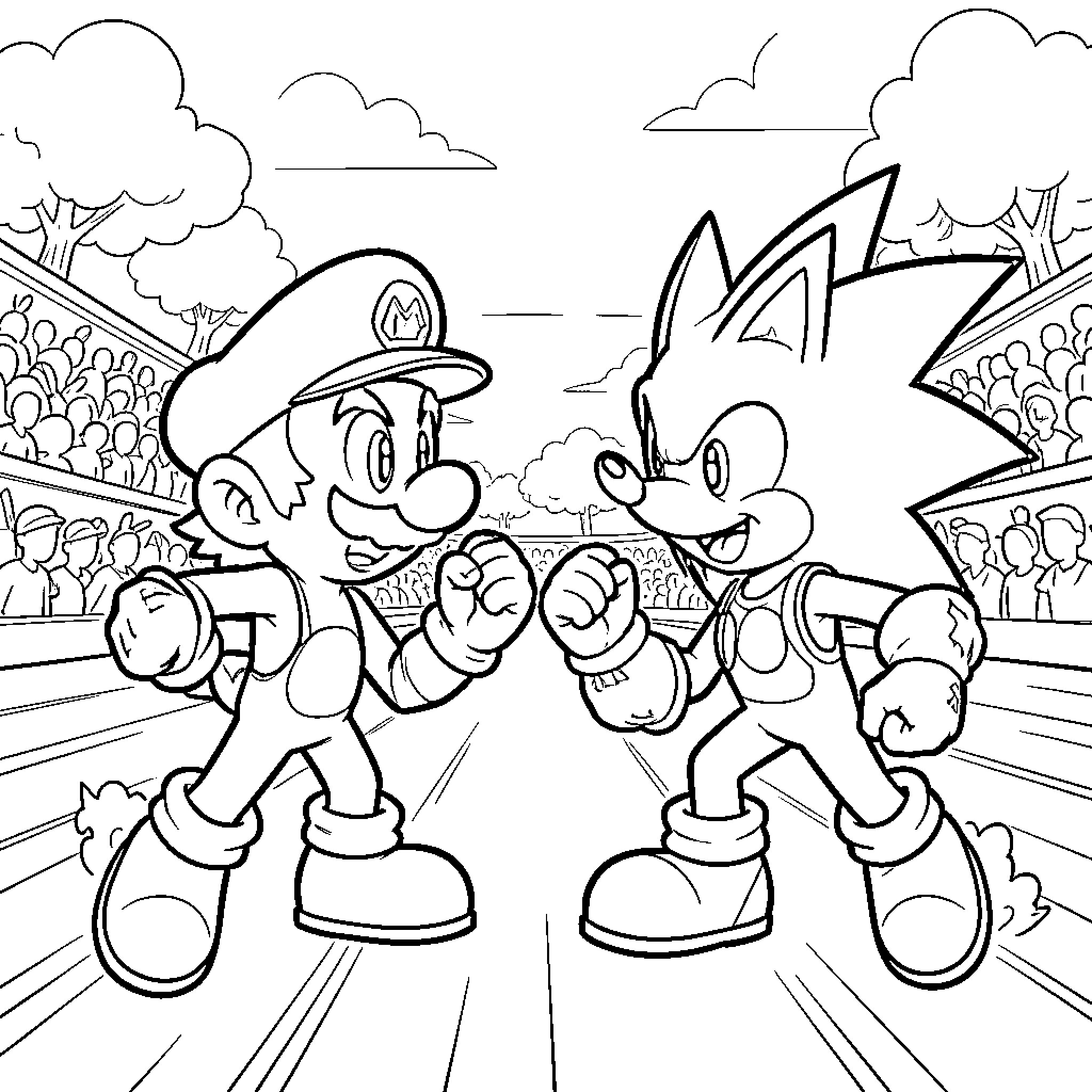 Mario and Sonic Competing in Sports Competition Coloring Page (free black-and-white line drawing printable PDF for all, from beginners to advanced learners, including children, teens, adults, and seniors)