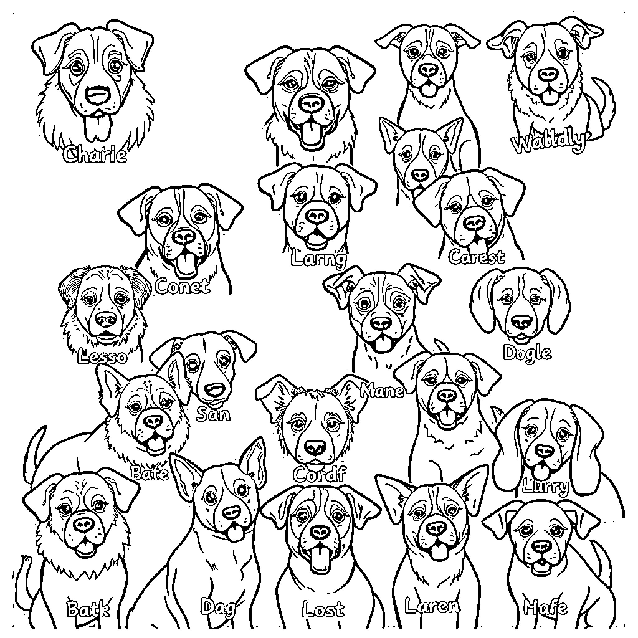 Dog Portraits with Distinctive Names and Expressions Coloring Page (free black-and-white line drawing printable PDF for all, from beginners to advanced learners, including children, teens, adults, and seniors)