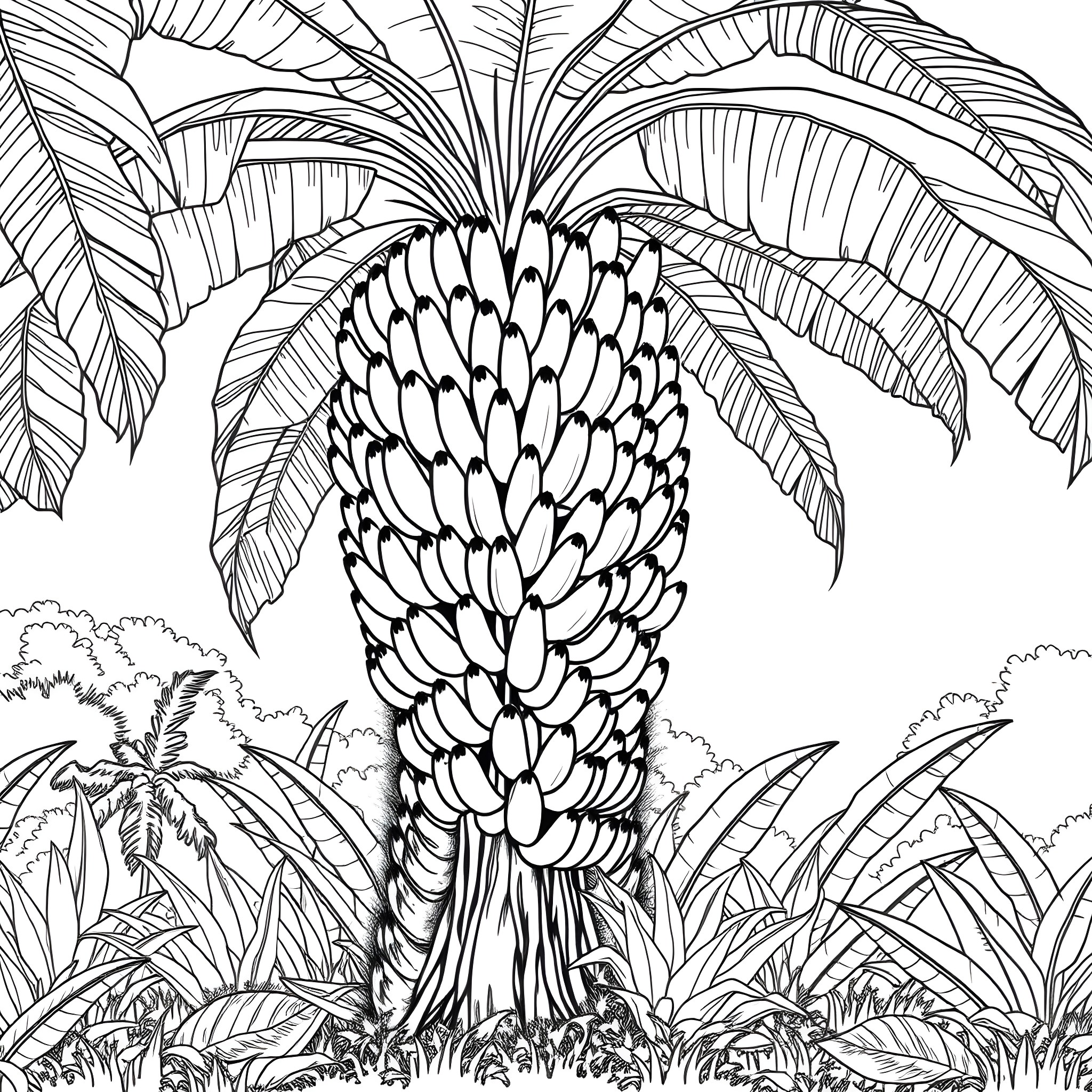 Banana plant with intricate leaf patterns Coloring Page (free black-and-white line drawing printable PDF for all, from beginners to advanced learners, including children, teens, adults, and seniors)