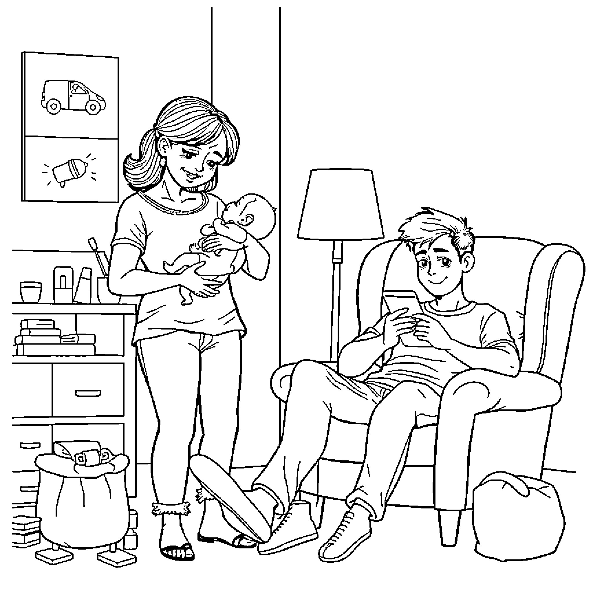 Mom comforting her child with love and care Coloring Page (free black-and-white line drawing printable PDF for all, from beginners to advanced learners, including children, teens, adults, and seniors)