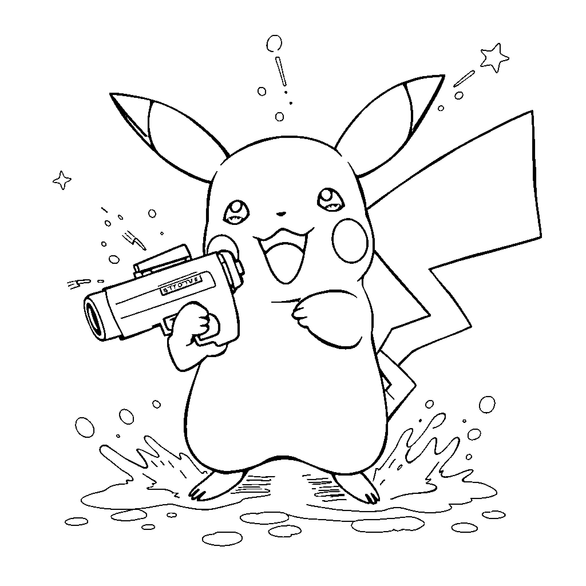 Pikachu playing with a water gun Coloring Page (free black-and-white line drawing printable PDF for all, from beginners to advanced learners, including children, teens, adults, and seniors)