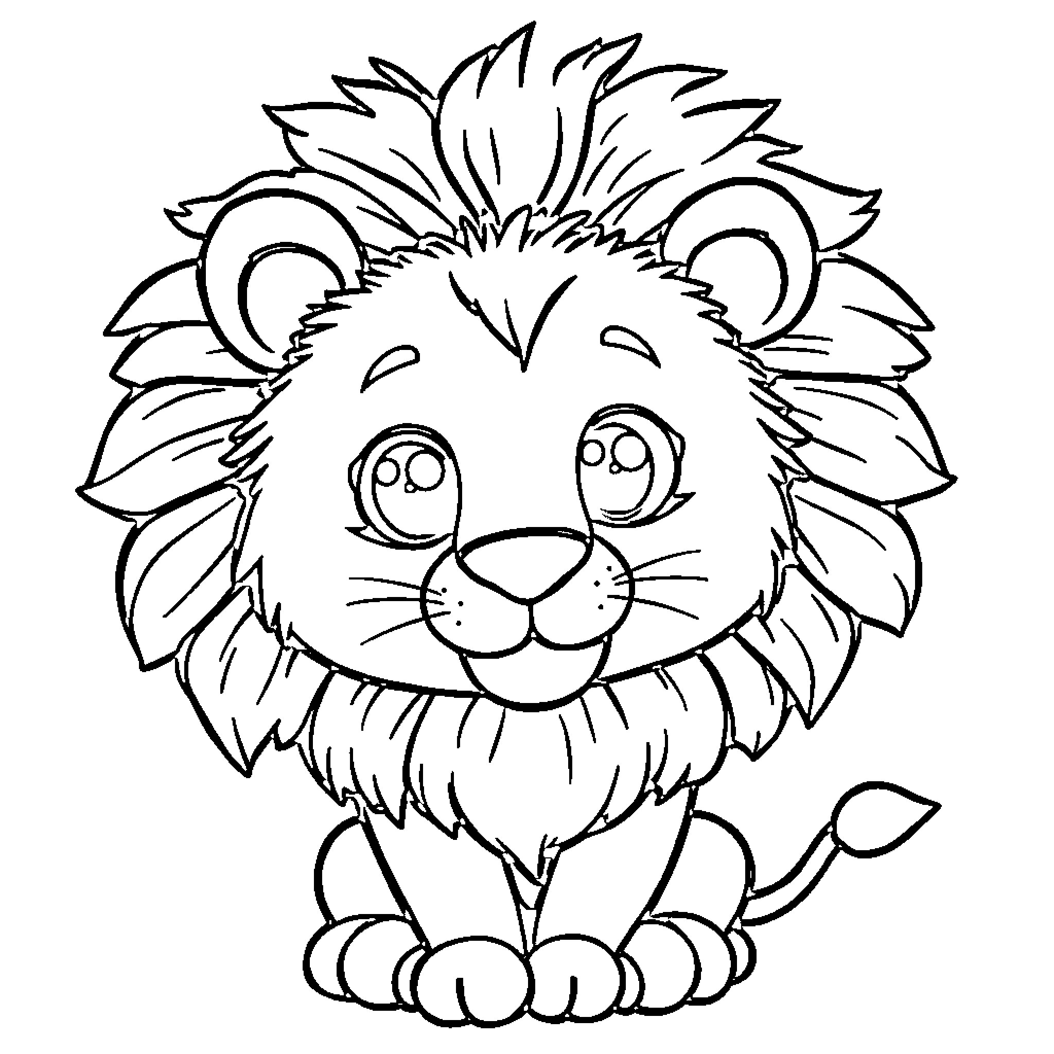 Lion looking happy and adorable Coloring Page (free black-and-white line drawing printable PDF for all, from beginners to advanced learners, including children, teens, adults, and seniors)