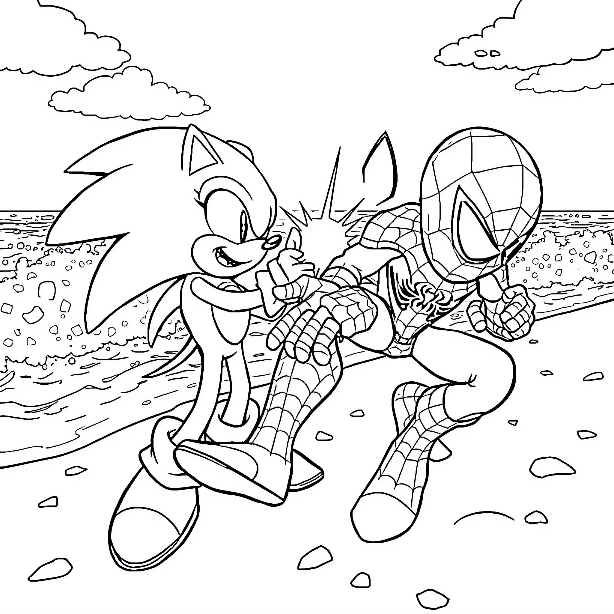 Sonic and Spider-Man on the Beach Coloring Page (free black-and-white line drawing printable PDF for all, from beginners to advanced learners, including children, teens, adults, and seniors)