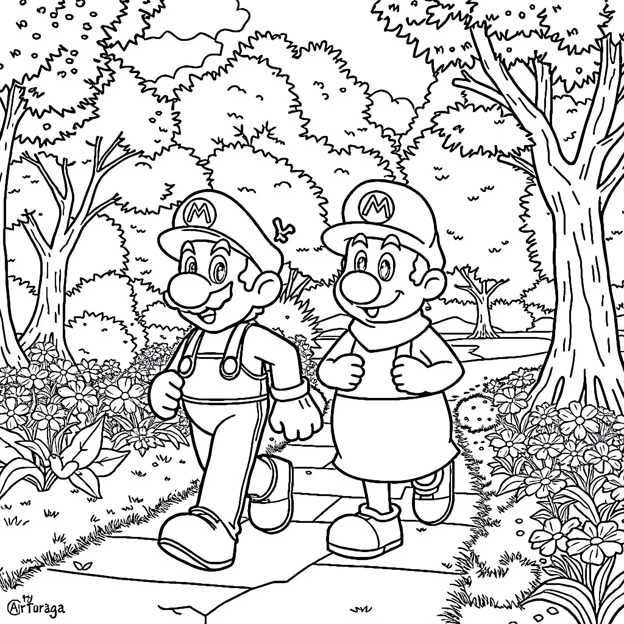 Super Mario Brothers Explore the Lush Forest Coloring Page (free black-and-white line drawing printable PDF for all, from beginners to advanced learners, including children, teens, adults, and seniors)