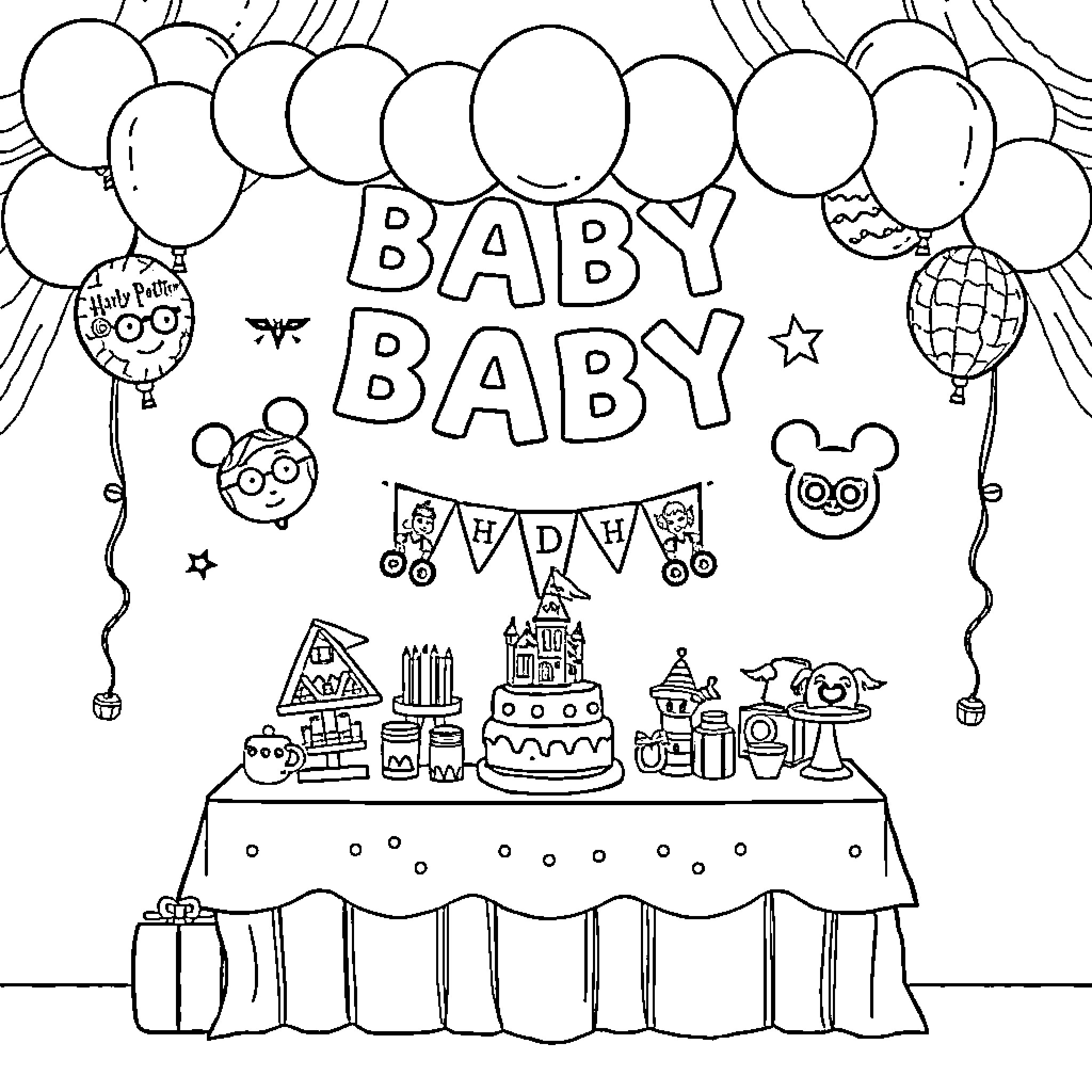 Baby's Birthday Party Celebration Coloring Page (free black-and-white line drawing printable PDF for all, from beginners to advanced learners, including children, teens, adults, and seniors)
