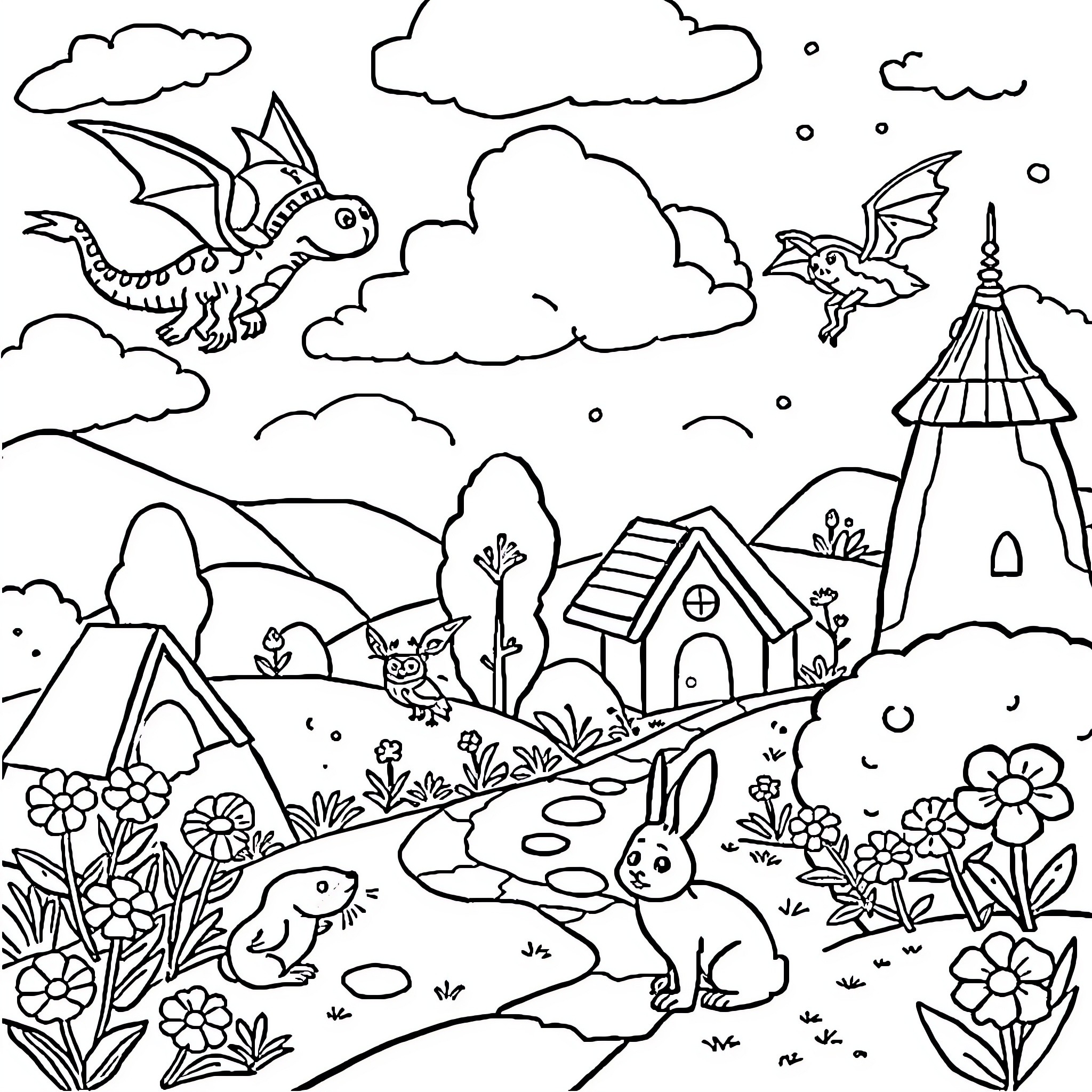 Dragon-like creatures flying in a whimsical fantasy landscape Coloring Page (free black-and-white line drawing printable PDF for all, from beginners to advanced learners, including children, teens, adults, and seniors)