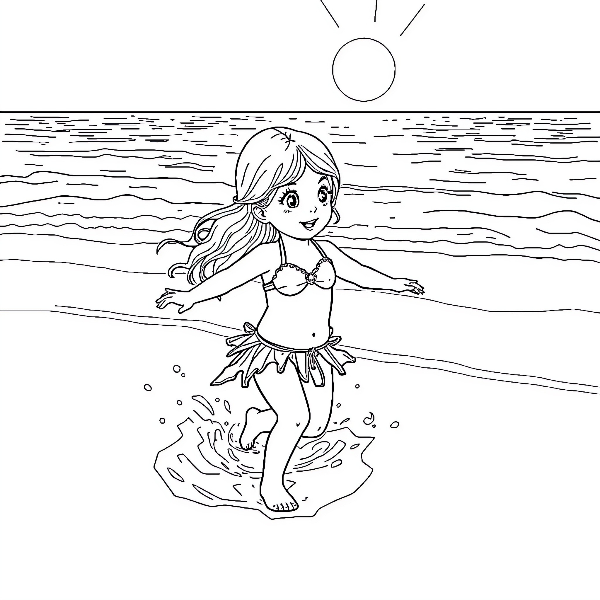 Nina playing joyfully in the ocean waves Coloring Page (free black-and-white line drawing printable PDF for all, from beginners to advanced learners, including children, teens, adults, and seniors)