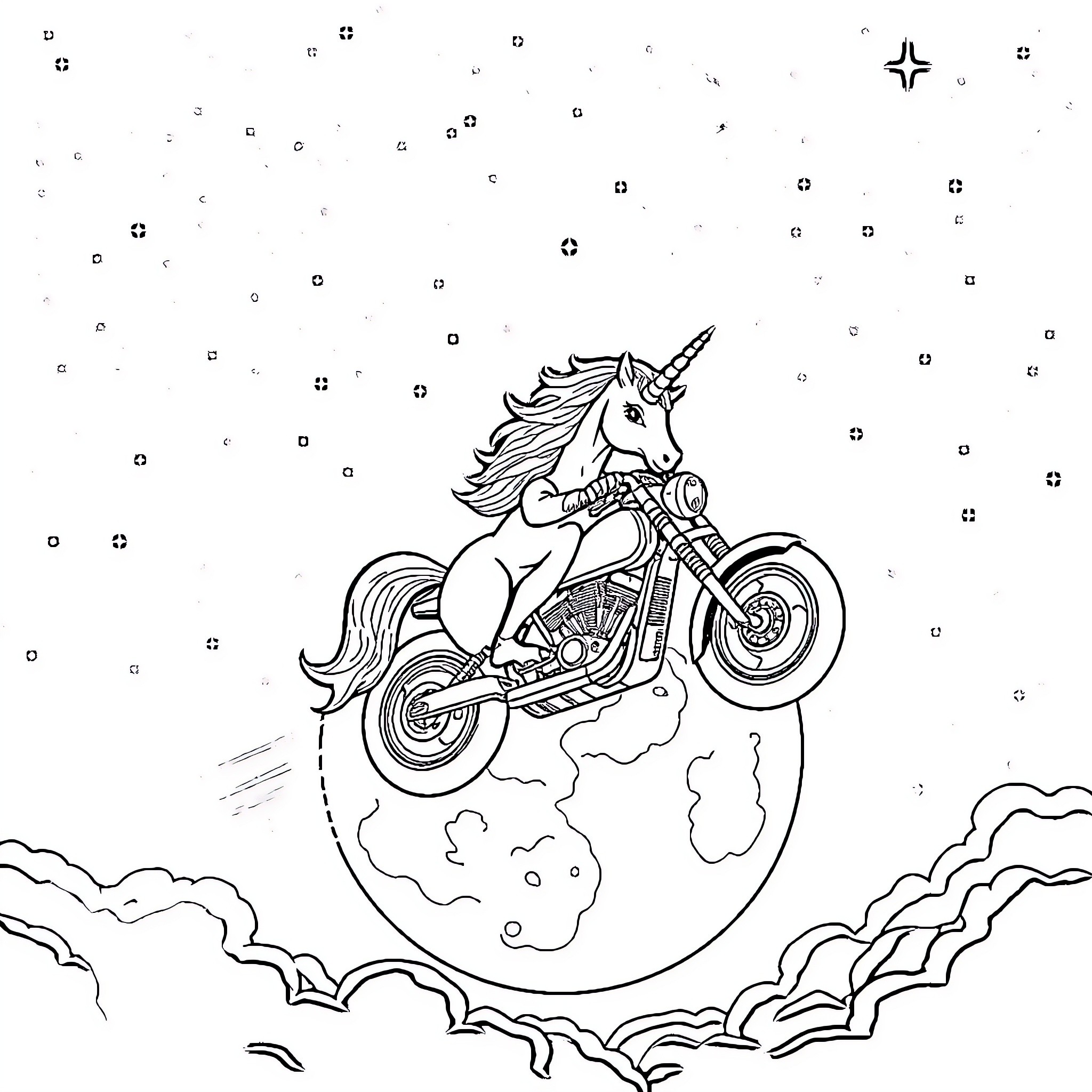 Unicorn riding a motorcycle through the night sky Coloring Page (free black-and-white line drawing printable PDF for all, from beginners to advanced learners, including children, teens, adults, and seniors)