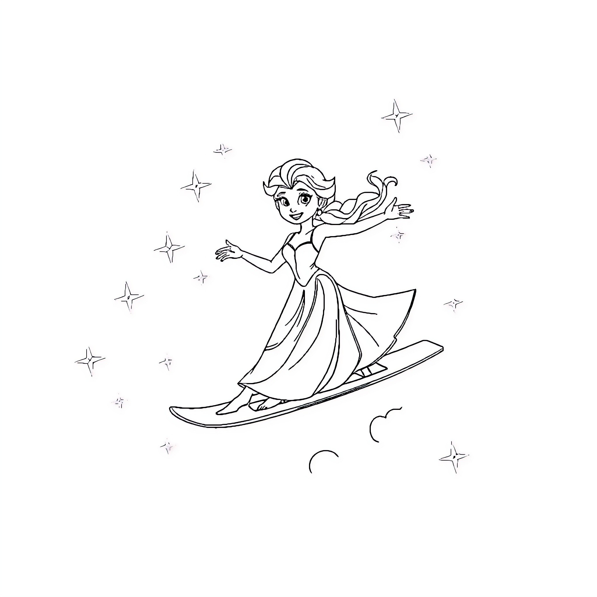 Elsa gliding on ice with stars Coloring Page (free black-and-white line drawing printable PDF for all, from beginners to advanced learners, including children, teens, adults, and seniors)