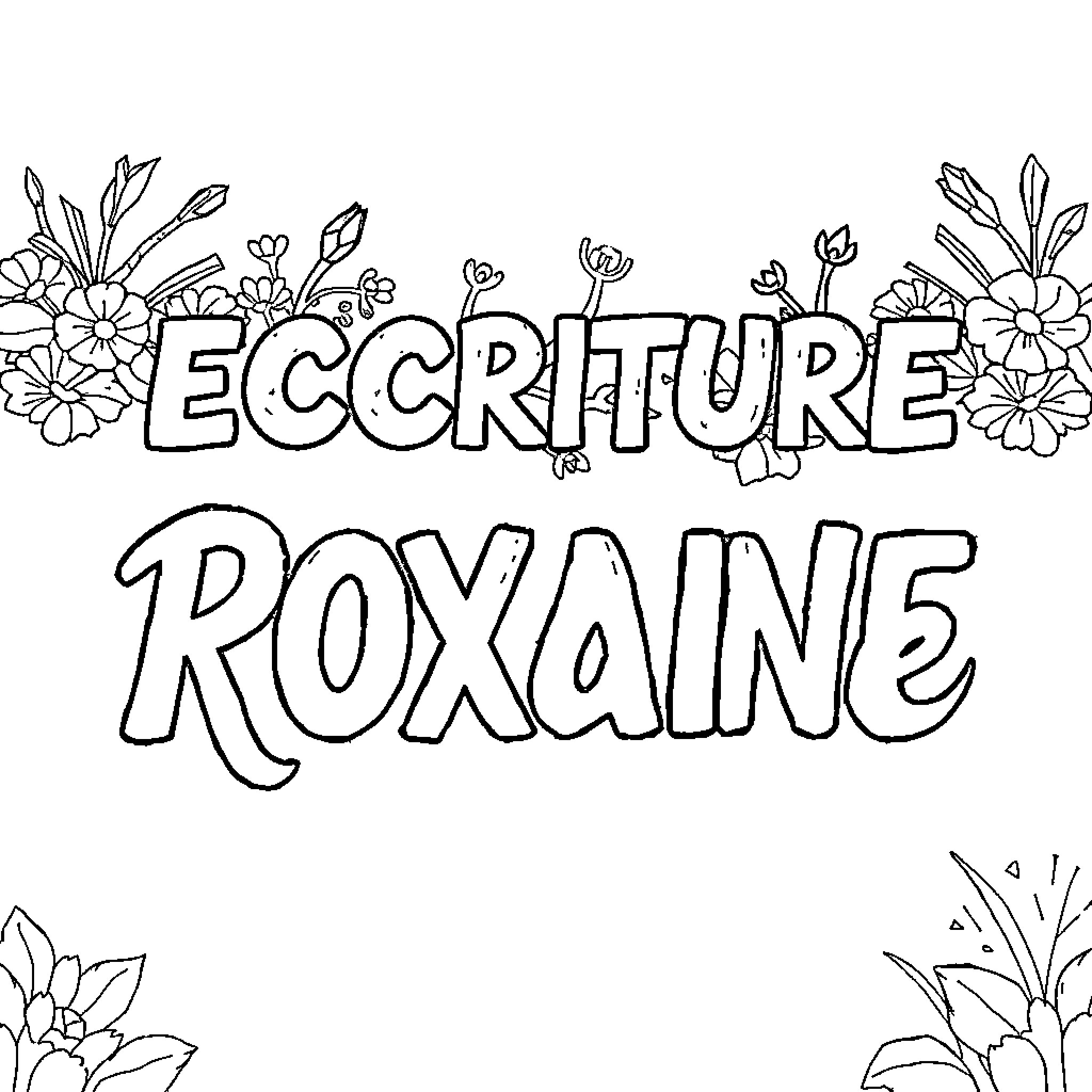 Ecriture Roxaine - Floral Nature Illustration Coloring Page (free black-and-white line drawing printable PDF for all, from beginners to advanced learners, including children, teens, adults, and seniors)