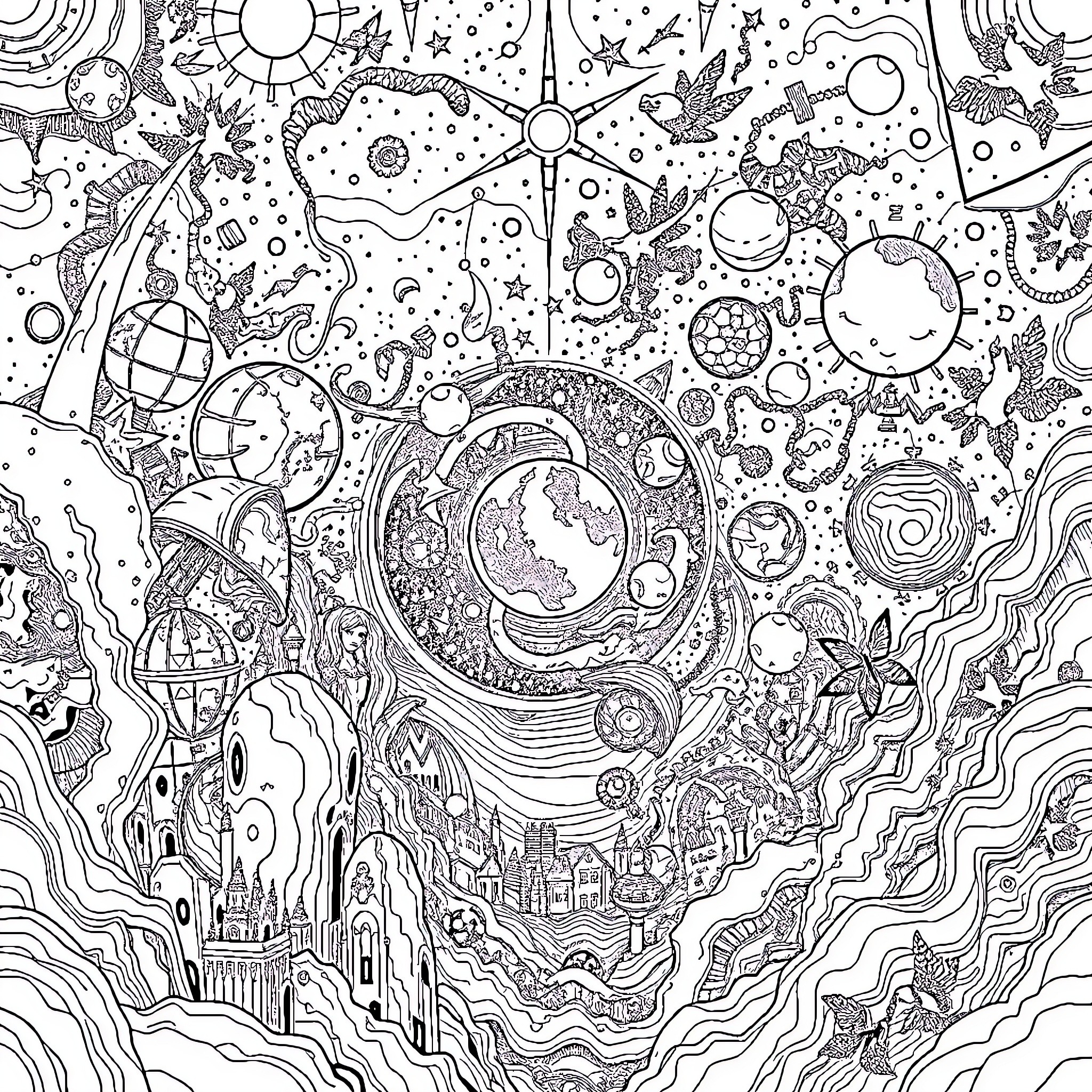 Grado's Cosmic Odyssey Coloring Page (free black-and-white line drawing printable PDF for all, from beginners to advanced learners, including children, teens, adults, and seniors)