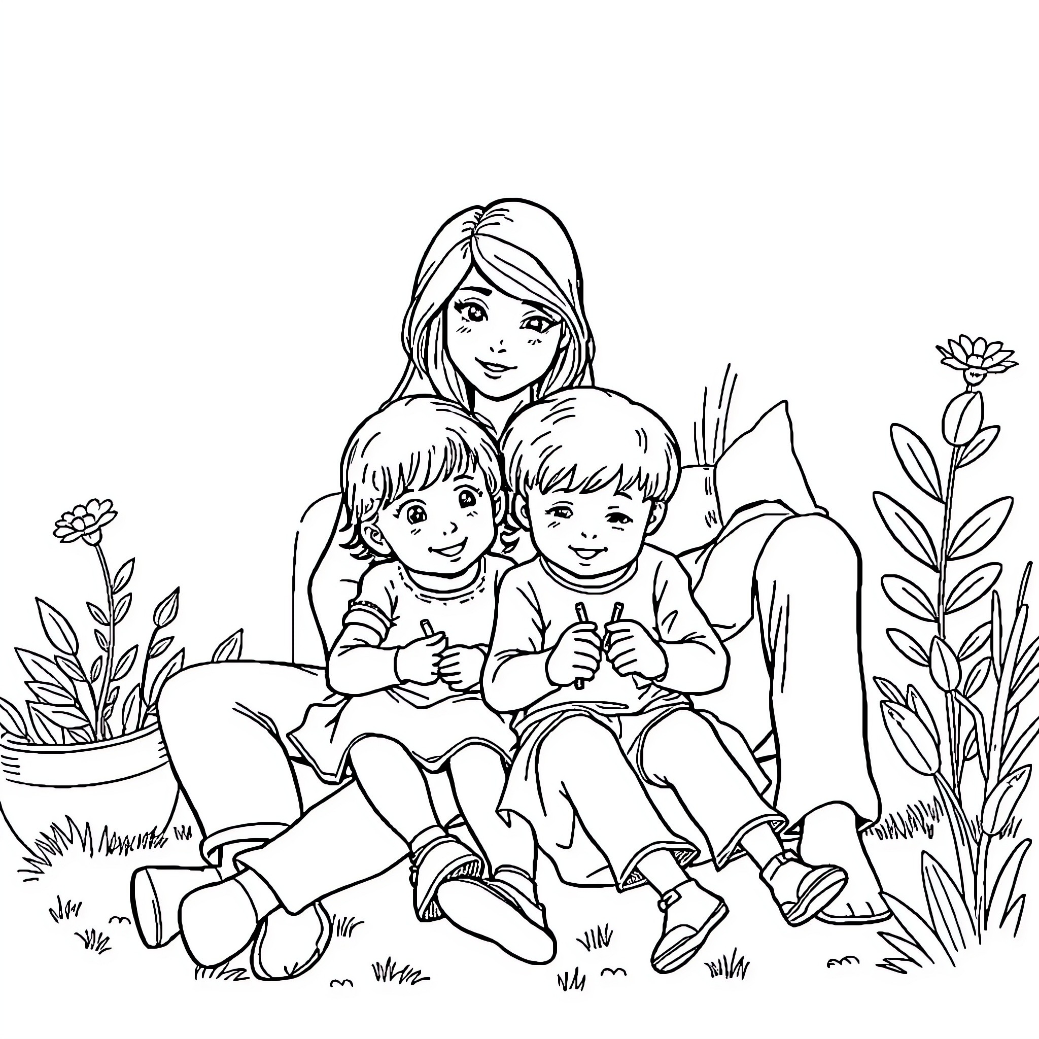 Family Enjoying Time Together Outdoors Coloring Page (free black-and-white line drawing printable PDF for all, from beginners to advanced learners, including children, teens, adults, and seniors)
