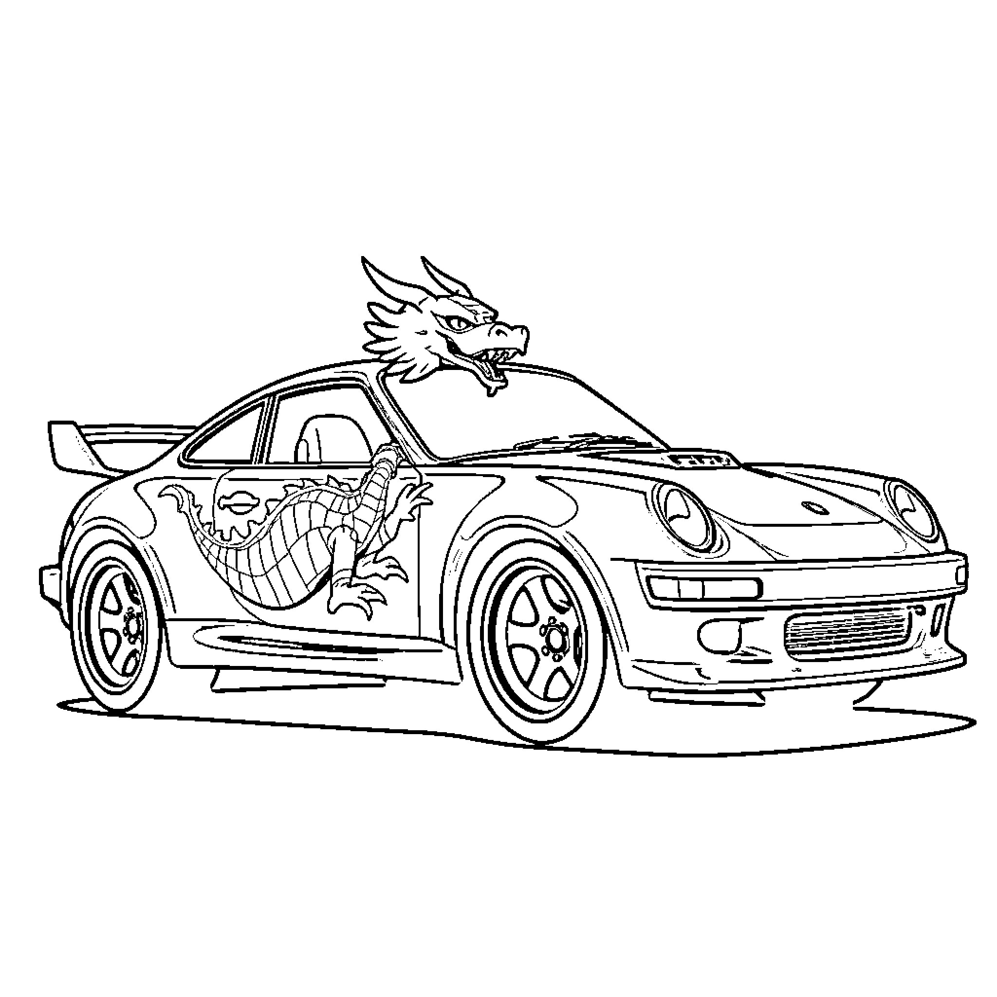 Hot Wheel Dragon-Themed Sports Car Coloring Page (free black-and-white line drawing printable PDF for all, from beginners to advanced learners, including children, teens, adults, and seniors)