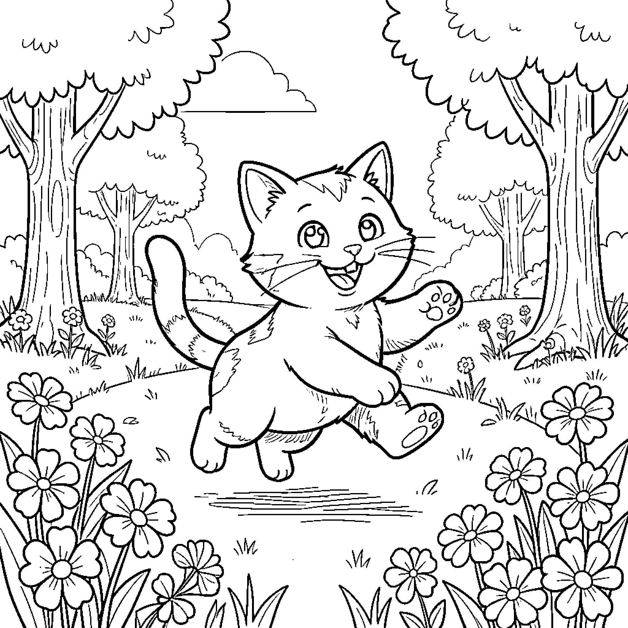 Kitten frolicking in a floral meadow Coloring Page (free black-and-white line drawing printable PDF for all, from beginners to advanced learners, including children, teens, adults, and seniors)