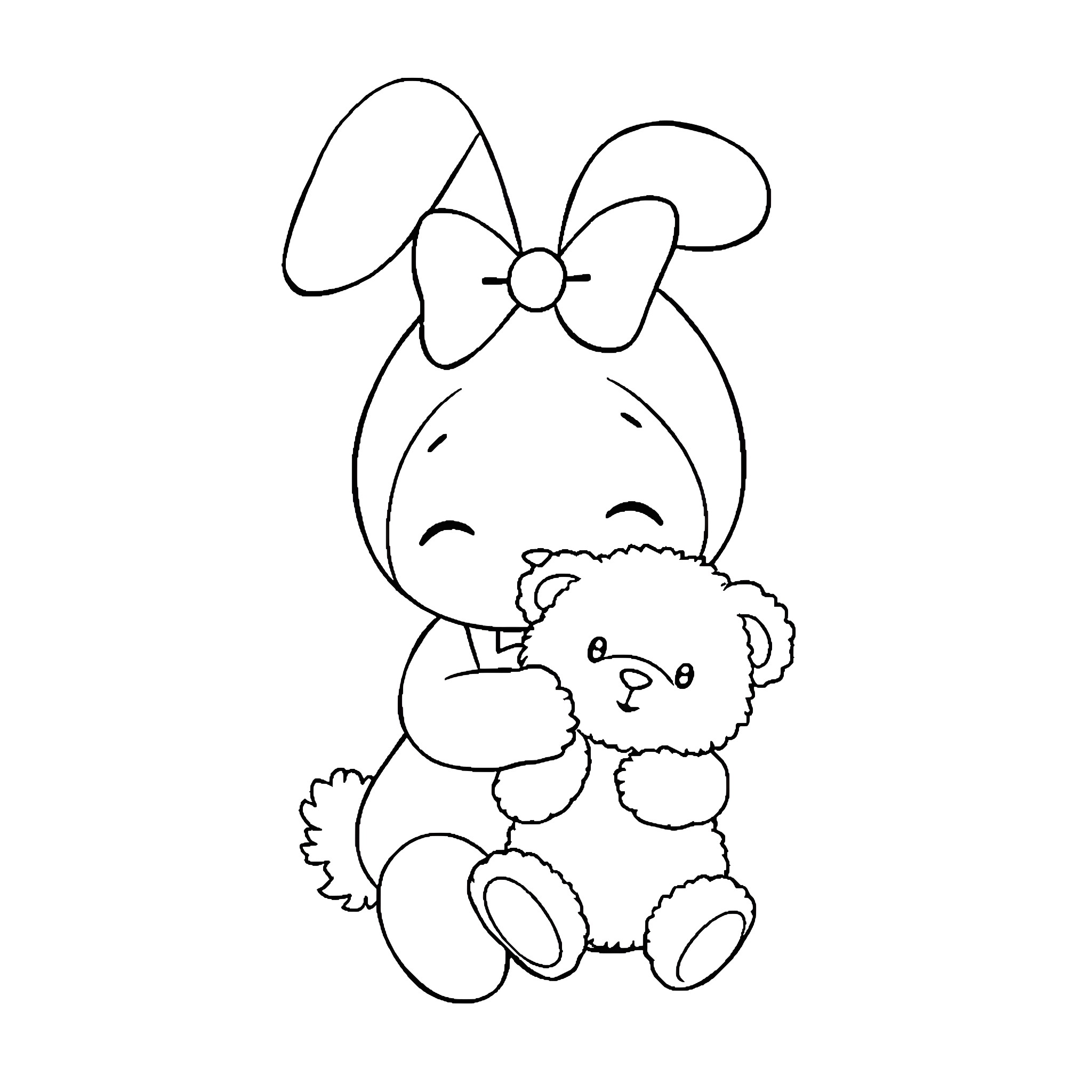 My Melody hugging a teddy bear Coloring Page (free black-and-white line drawing printable PDF for all, from beginners to advanced learners, including children, teens, adults, and seniors)